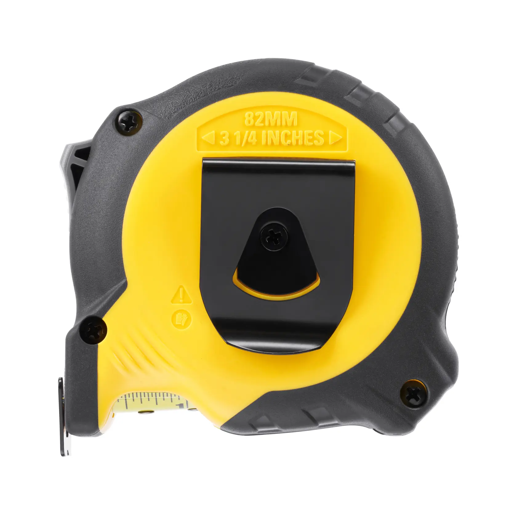 STANLEY STHT37236-5 tape measure, yellow and black, photography, rear angle, belt clip visible.