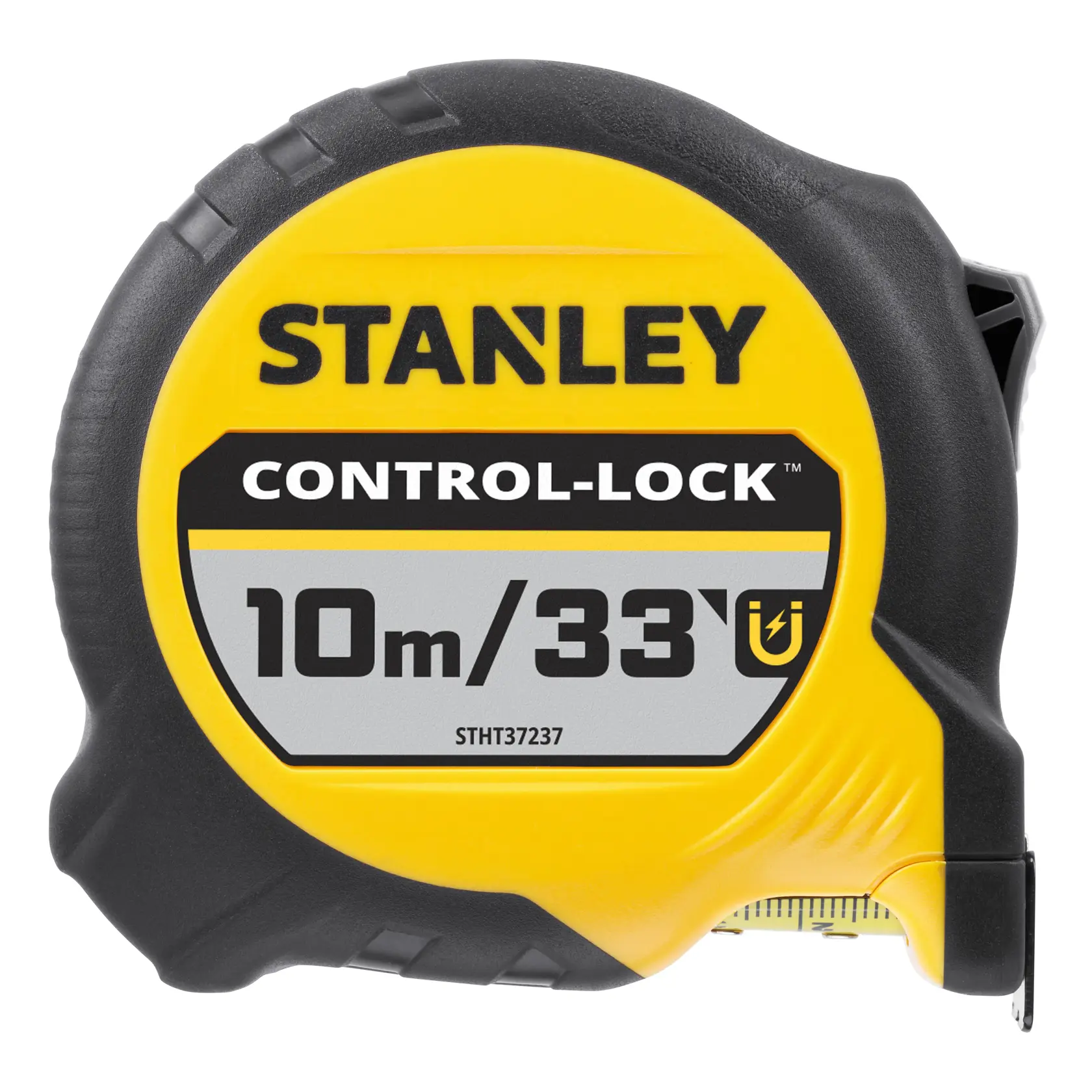 STANLEY STHT37237-5 tape measure, yellow and black, Control-Lock, 10m/33ft, front angle on white background.