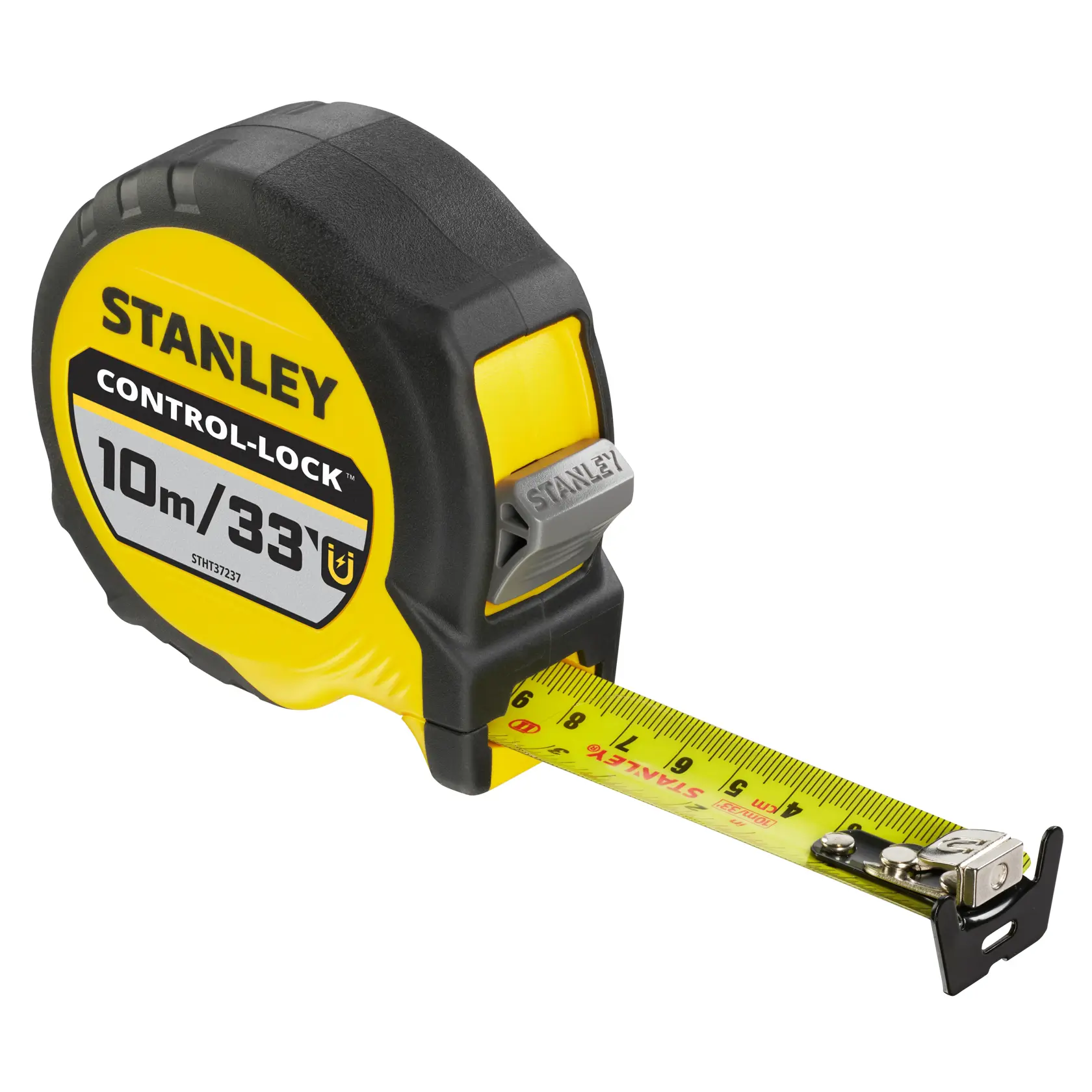 STANLEY STHT37237-5 tape measure with yellow and black casing, angled view on white background.