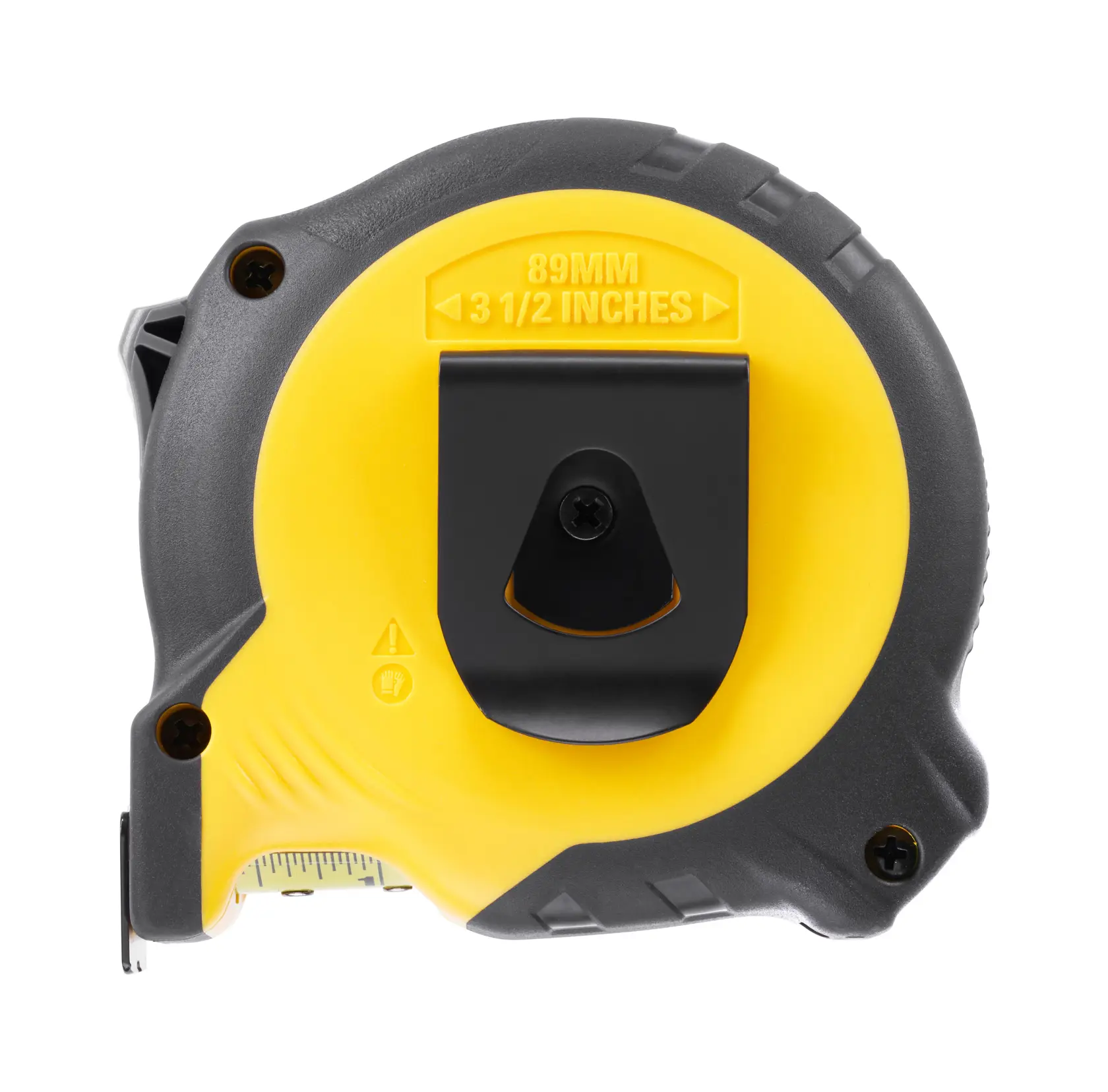 STANLEY STHT37237-5 tape measure, yellow and black, rear view, showing metal belt clip.
