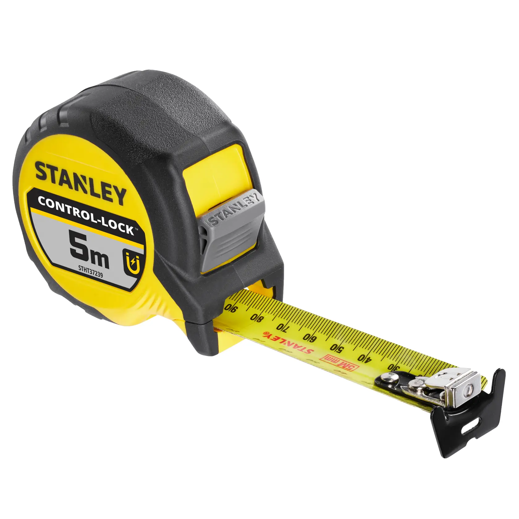 STANLEY STHT37239 tape measure, yellow and black, 5m length, angled view on white background.