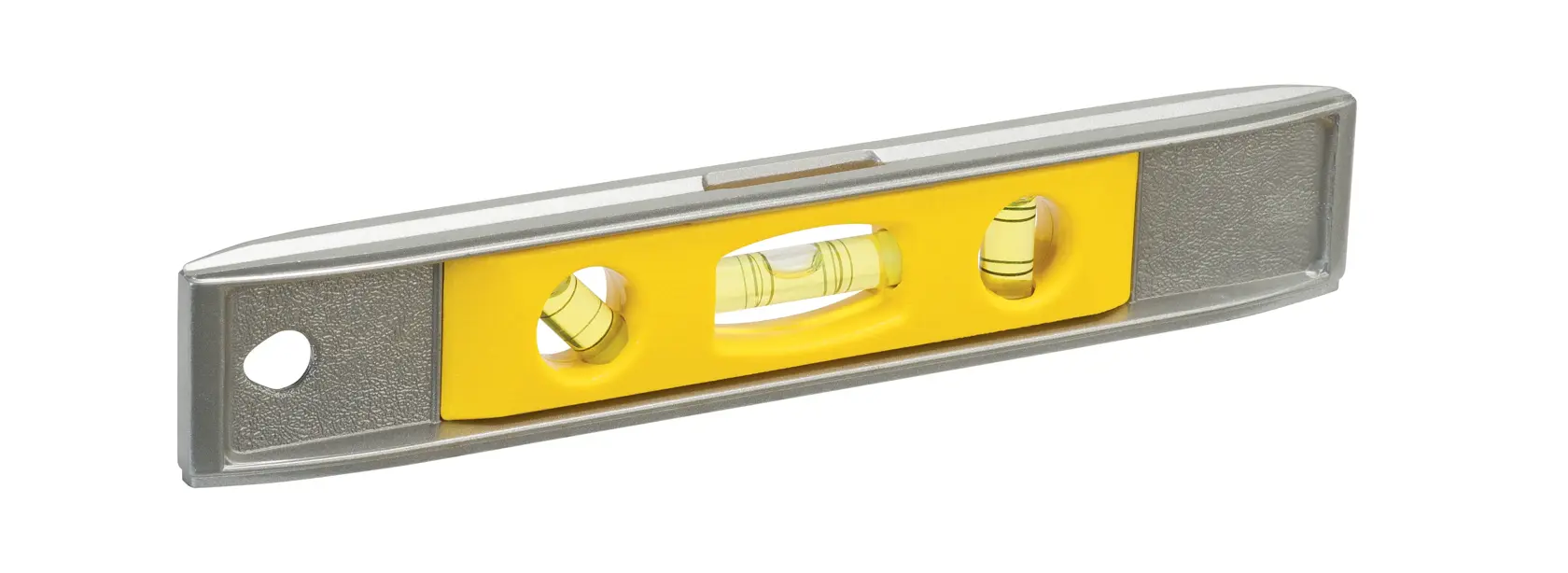 Photo of STANLEY STHT42465-8 spirit level with yellow insert, silver finish, angled on white background.