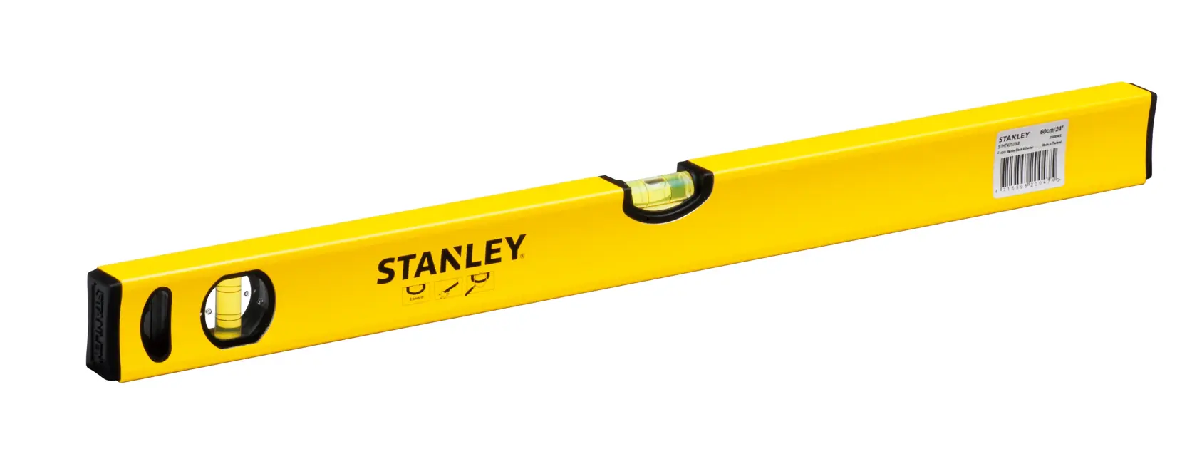 STANLEY STHT43103-8 yellow spirit level, photography, angled side view on white background.