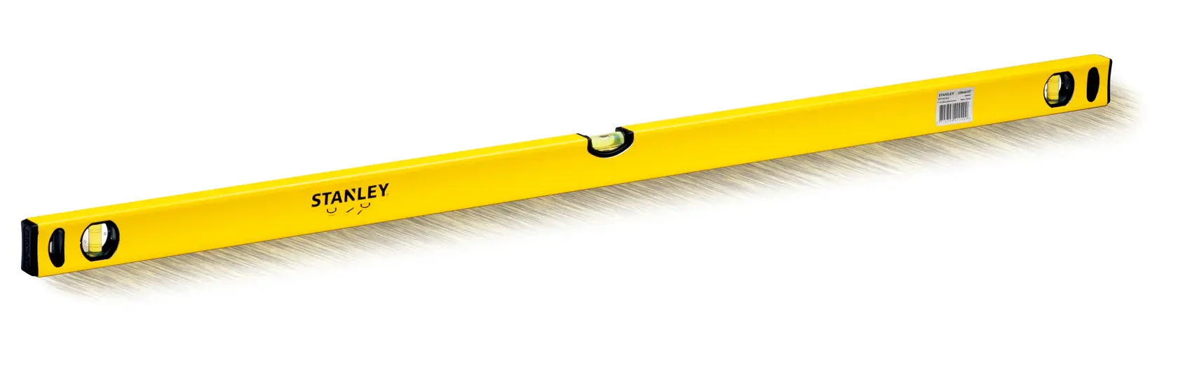 STANLEY STHT43106-8 yellow spirit level tool, photography, angled on white background.