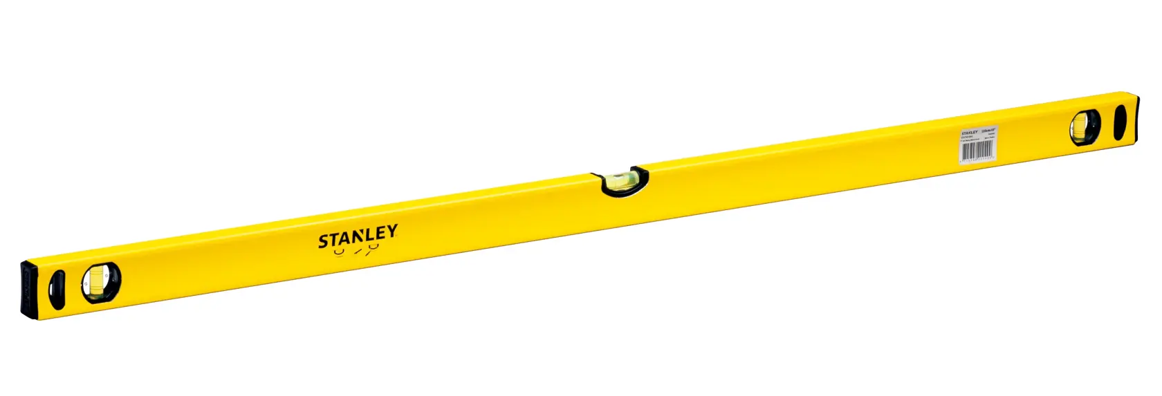Photo of STANLEY STHT43108-8 yellow spirit level with three vials, angled on a white background.
