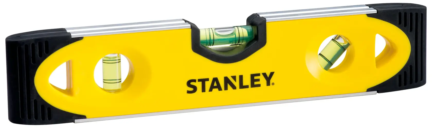 STANLEY STHT43511-8 yellow level tool, three vials, front angle, black end caps.