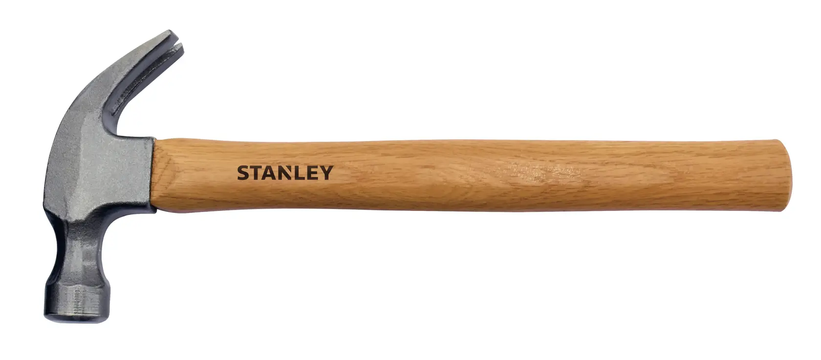 Stanley STHT51339-8 claw hammer with wooden handle, side view on white background.