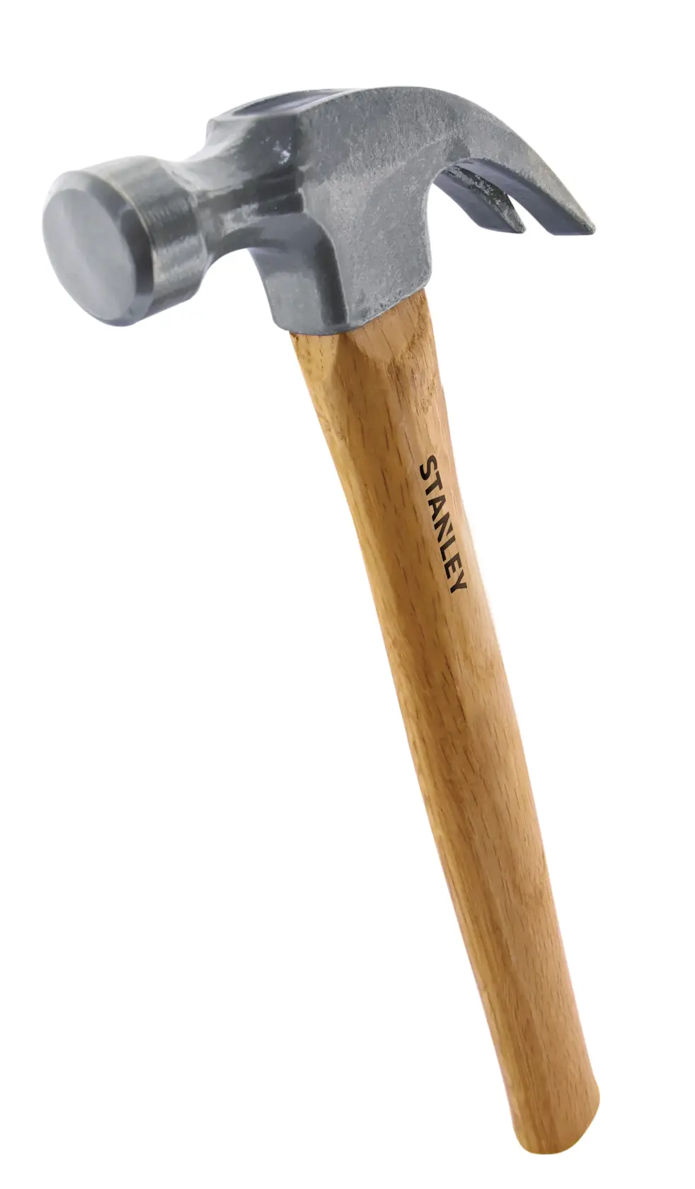 Photo of STANLEY STHT51339-8 claw hammer with metal head and wooden handle, angled on white background.