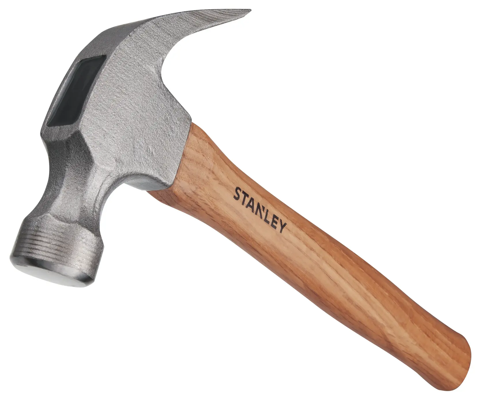 STANLEY STHT51339-8 claw hammer with wooden handle, angled side view, white background.