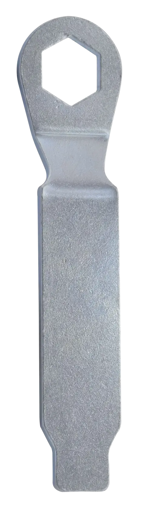 STANLEY STHT69800-8 flat metal spanner with hexagonal opening, top view on white background.