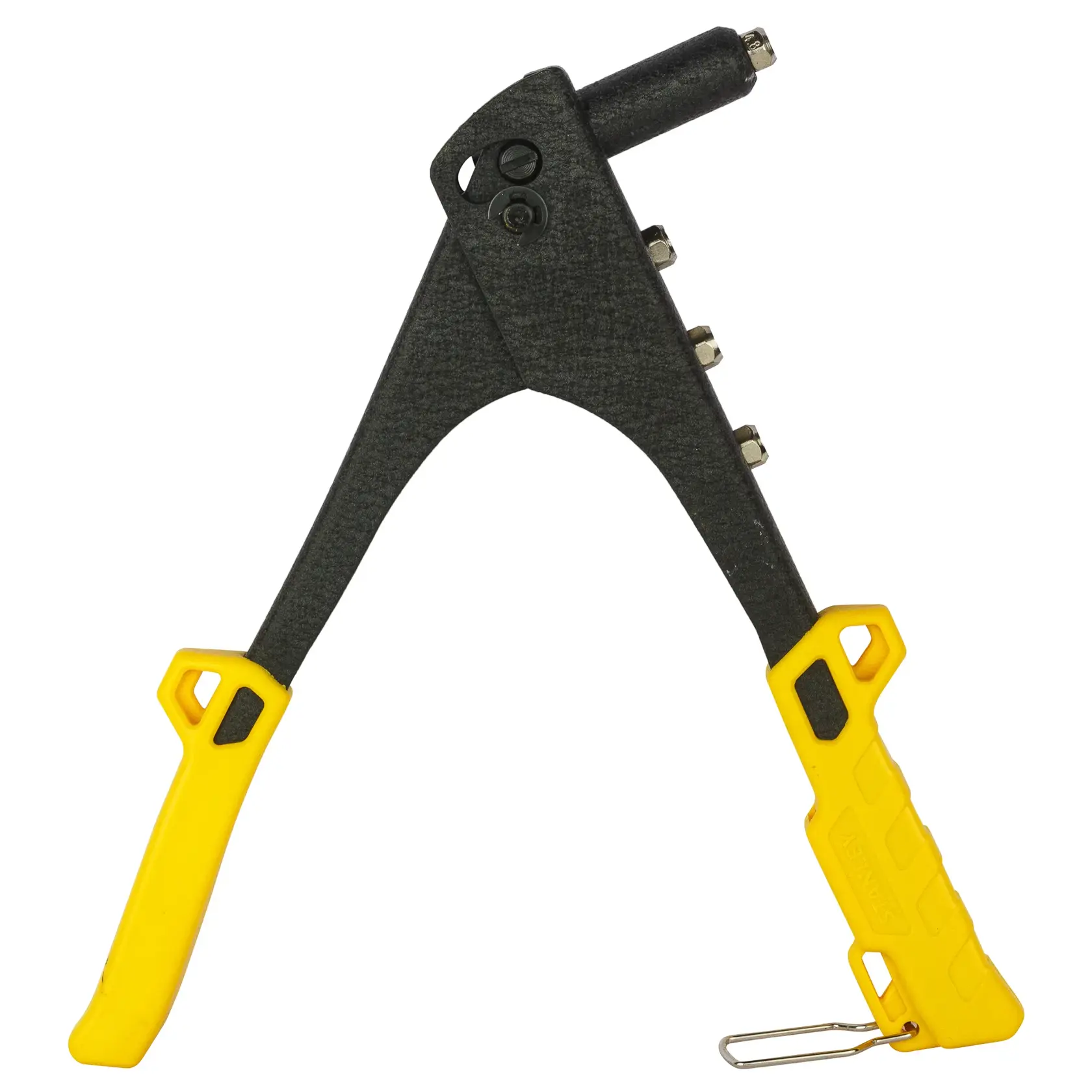 Stanley hand riveter tool with yellow handles, used for fastening metal parts together.