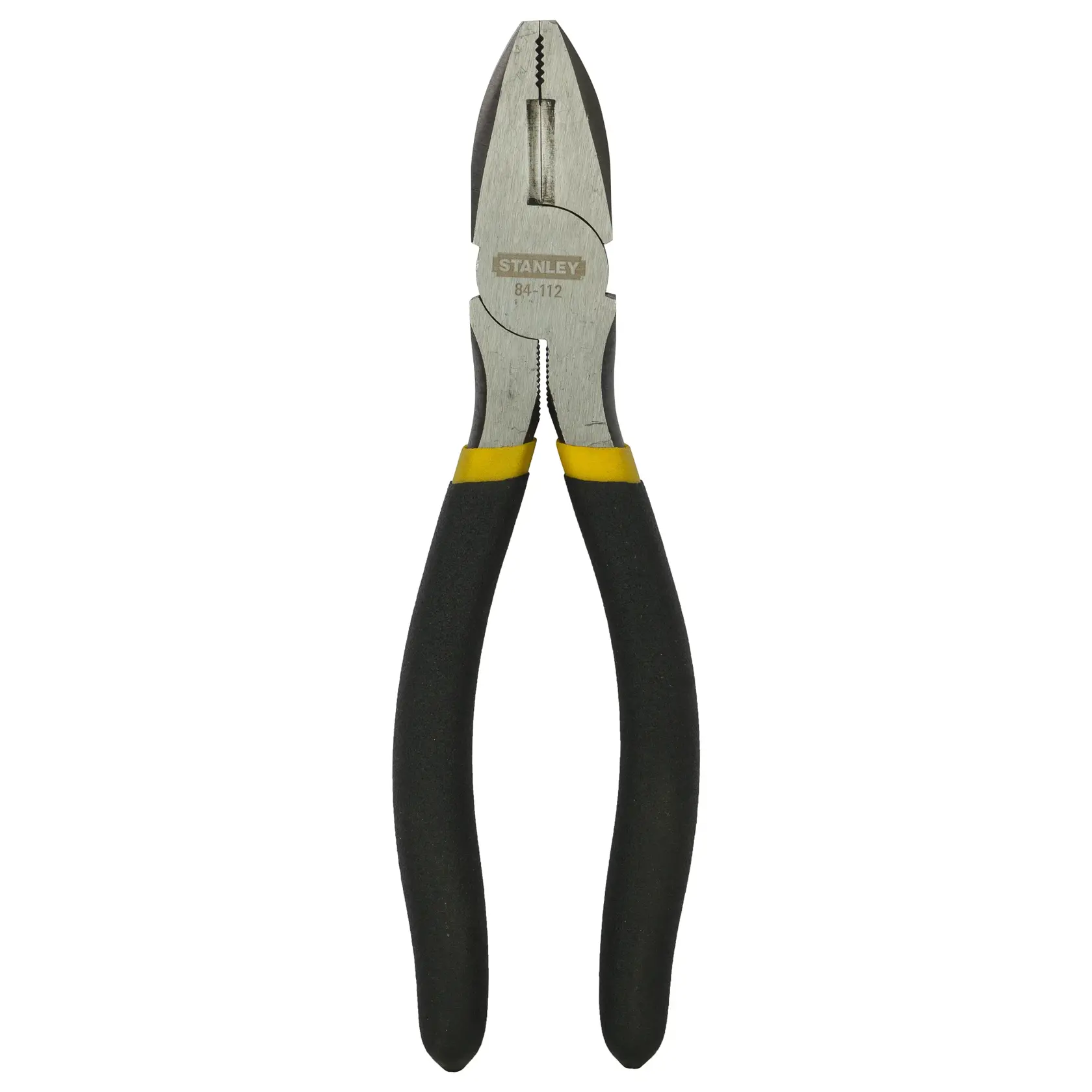 STANLEY STHT84112-8 pliers with black and yellow handles, front angle on white background.