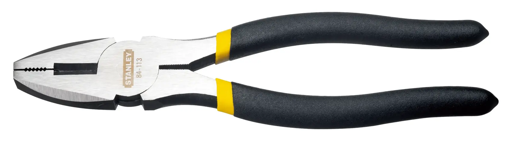 STANLEY STHT84113-8 combination pliers with black and yellow handles, side view, on white background.