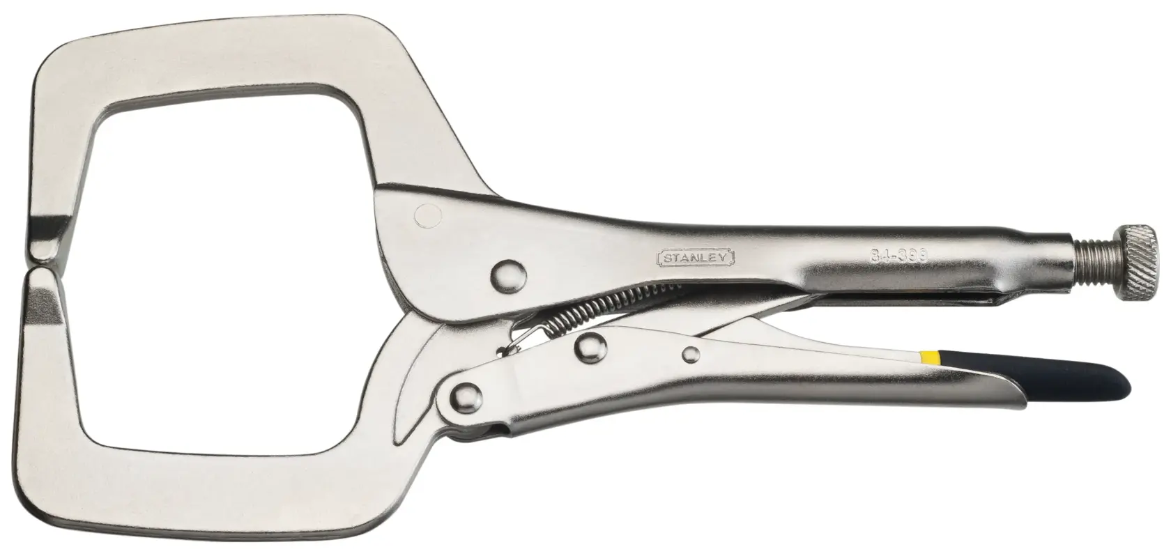 STANLEY STHT84399-8 locking C-clamp pliers, steel finish, photography, side view on white background.