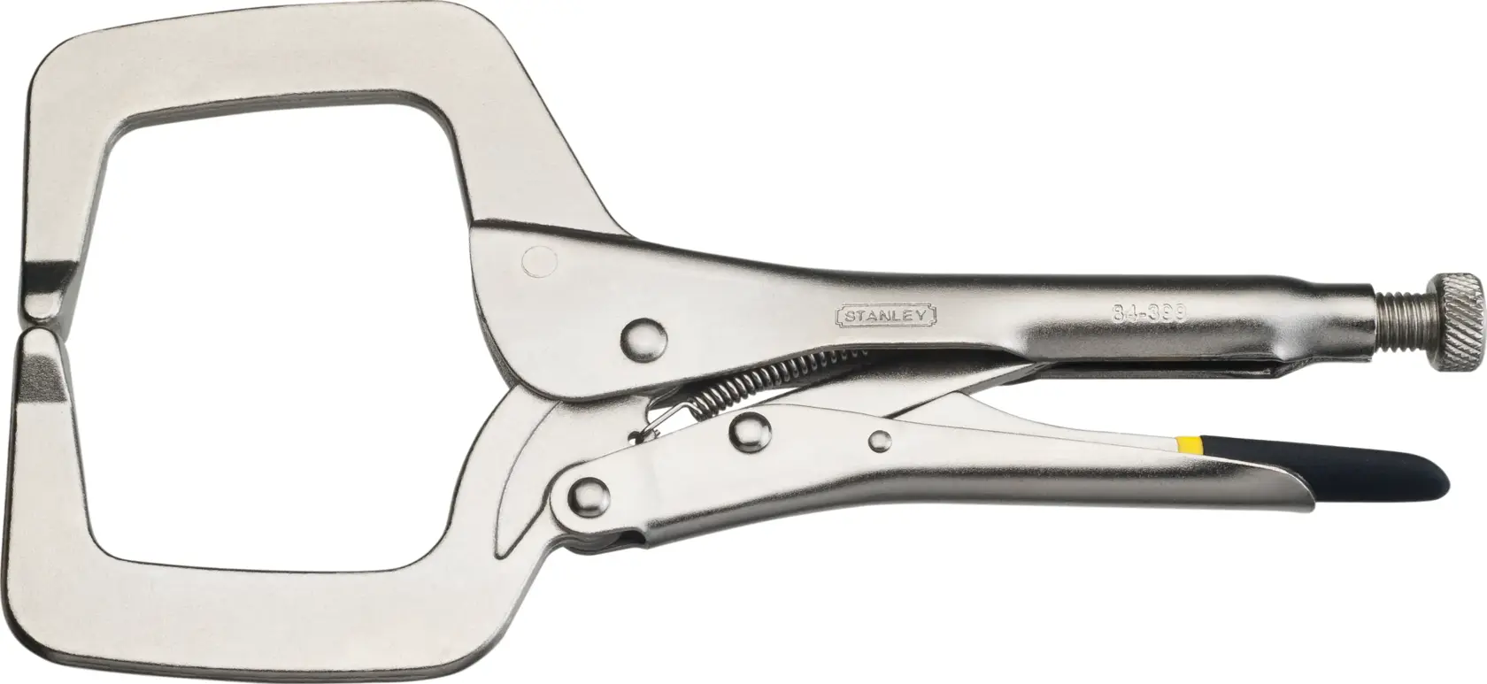 Photo of STANLEY STHT84399-8 C-clamp locking pliers, metallic finish, side view on white background.