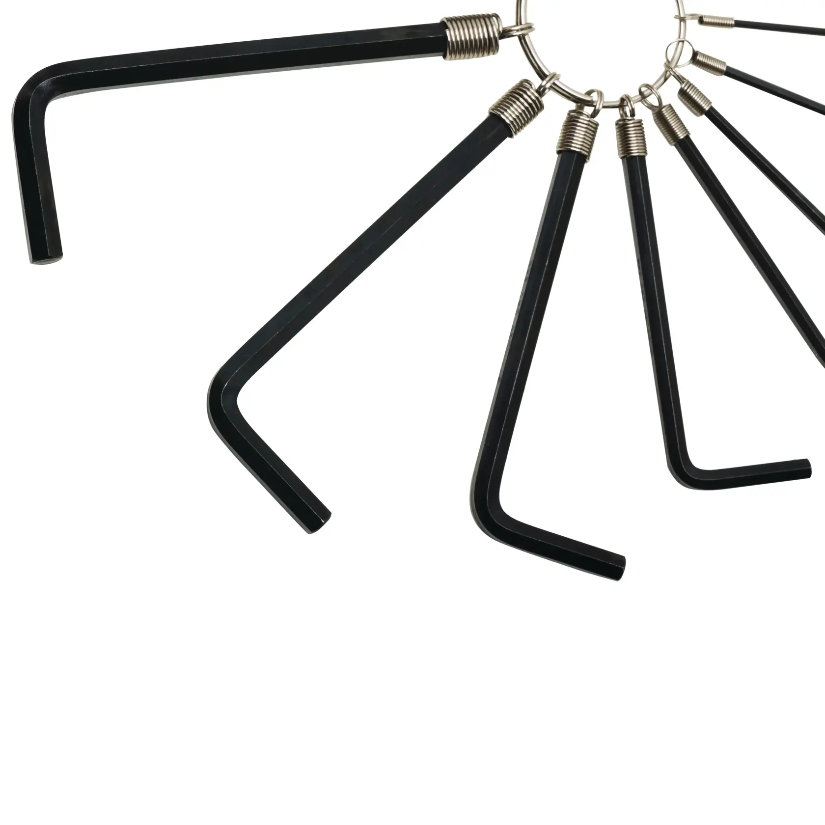 STANLEY STMT69213-8 hex key set with black L-shaped wrenches on metal ring, top view, white background.
