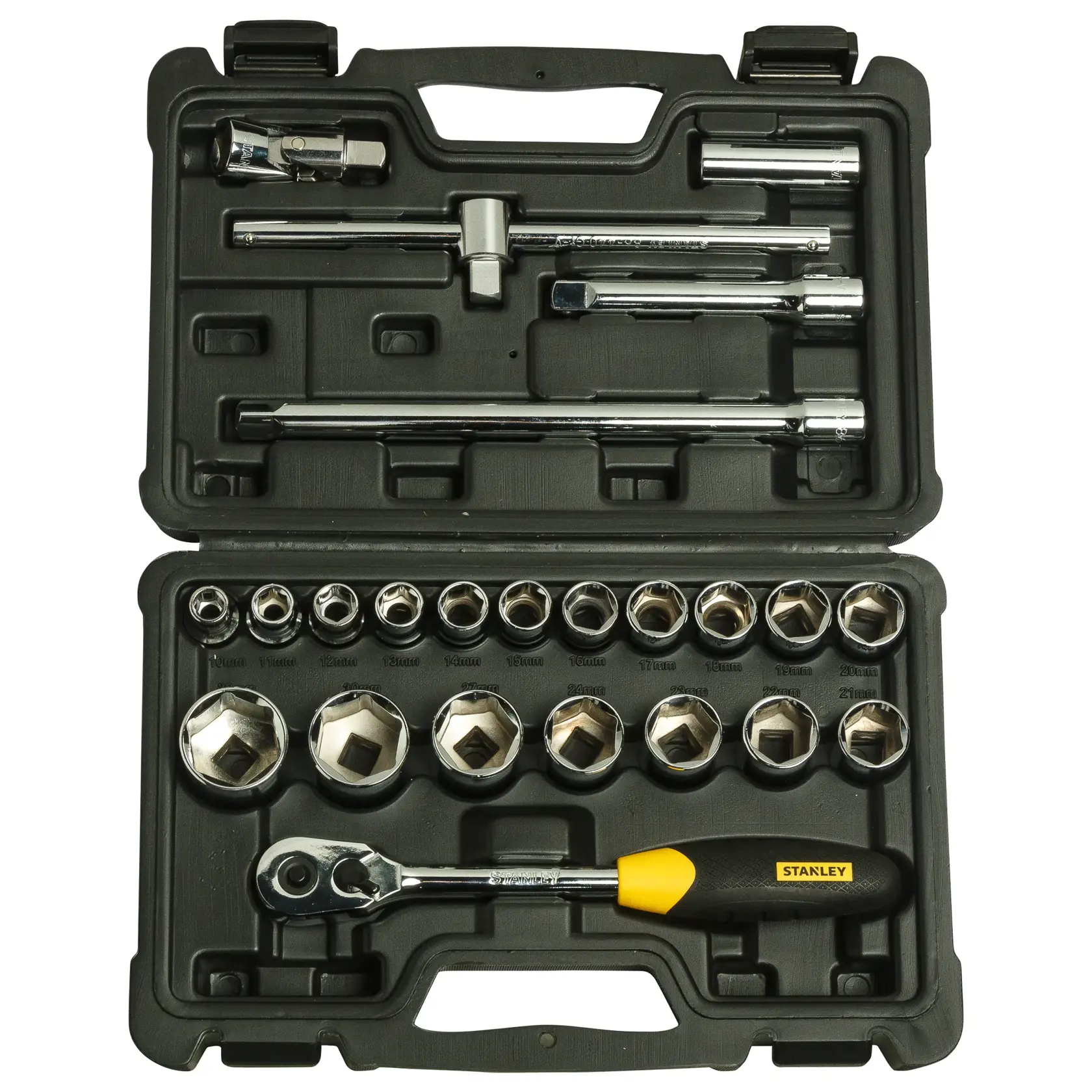 Stanley socket and ratchet tool set in a black plastic case, various sizes for mechanical work.
