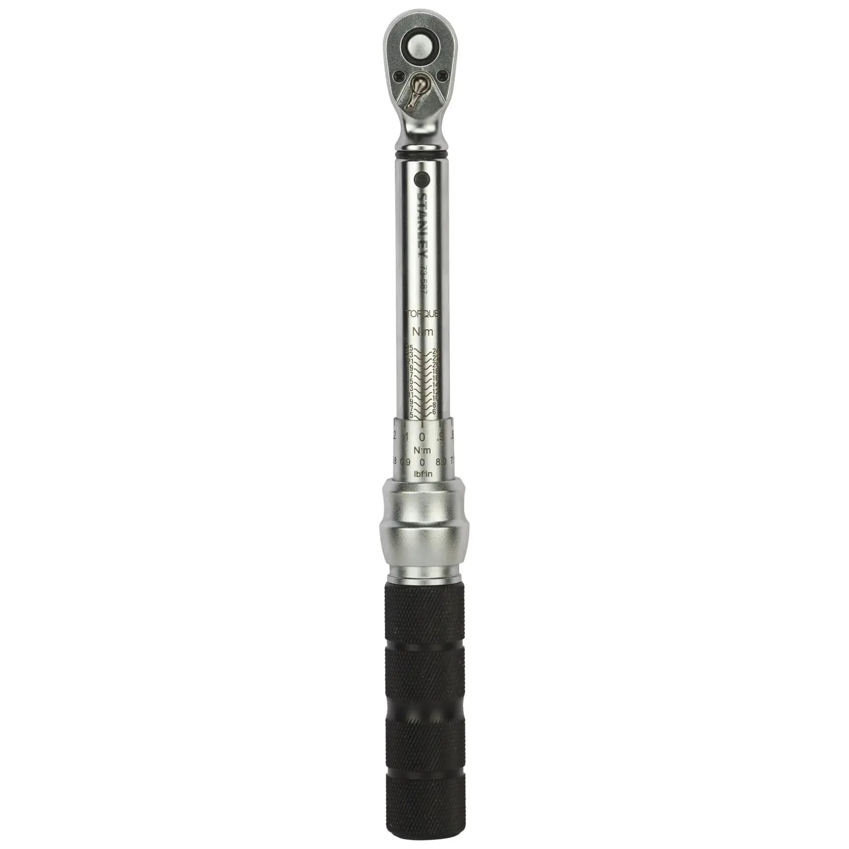 STANLEY STMT73587-8 torque wrench with black textured handle, photography, front angle on white background.