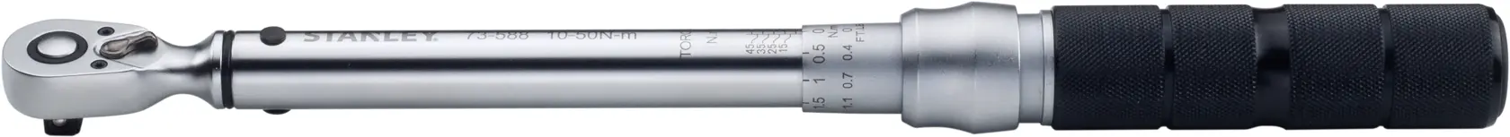 Stanley STMT73588-8 torque wrench, silver with black grip, side view on white background.