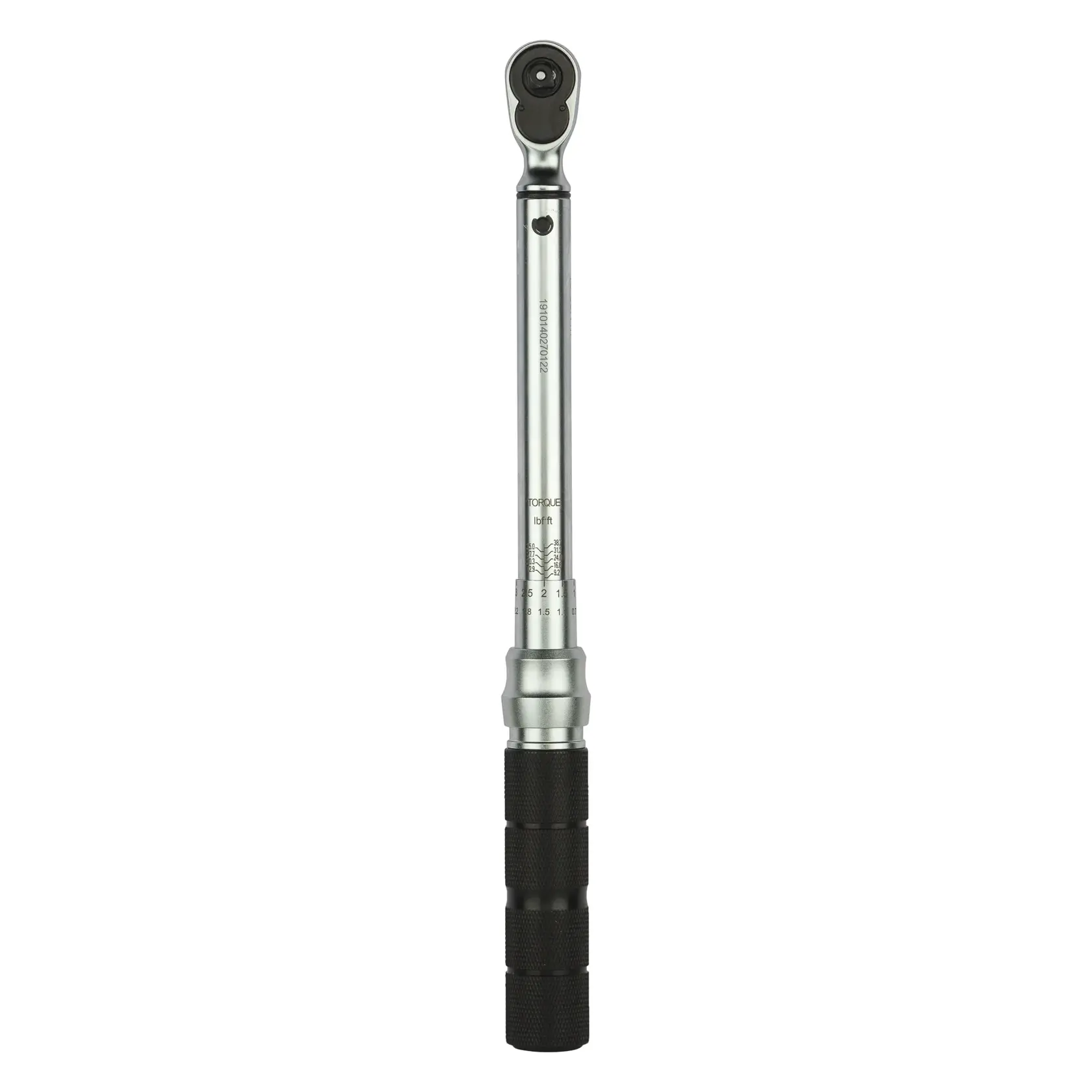Stanley torque wrench with a black grip and metallic finish, shown vertically on a white background.