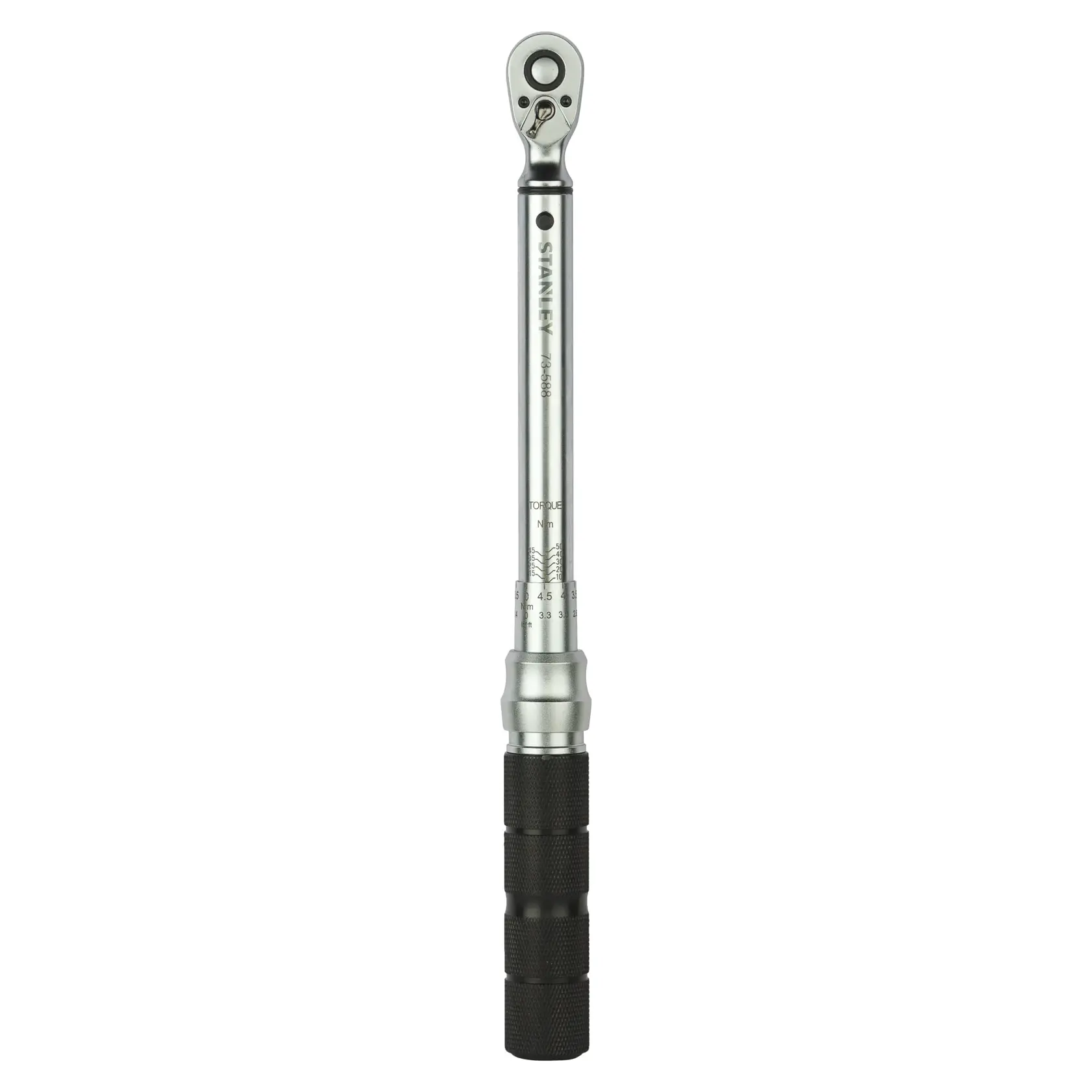 Stanley torque wrench with a black grip handle and measurement markings, used for tightening bolts.