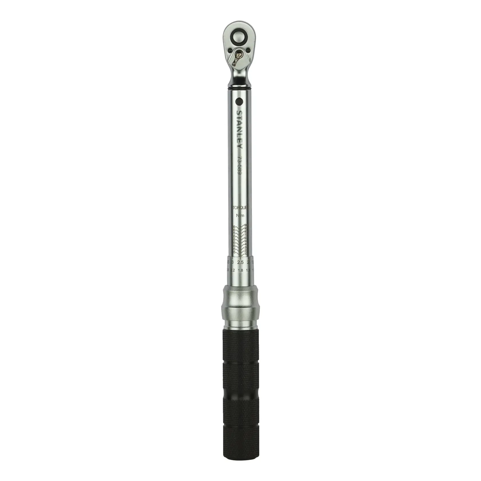 STANLEY STMT73589-8 torque wrench with black textured handle, silver shaft, front angle on white background.