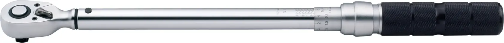 STANLEY STMT73590-8 torque wrench with black grip, chrome finish, side view on white background.