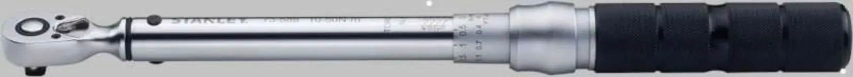 STANLEY STMT73592-8 torque wrench, silver with black handle, photography on white background, side view.
