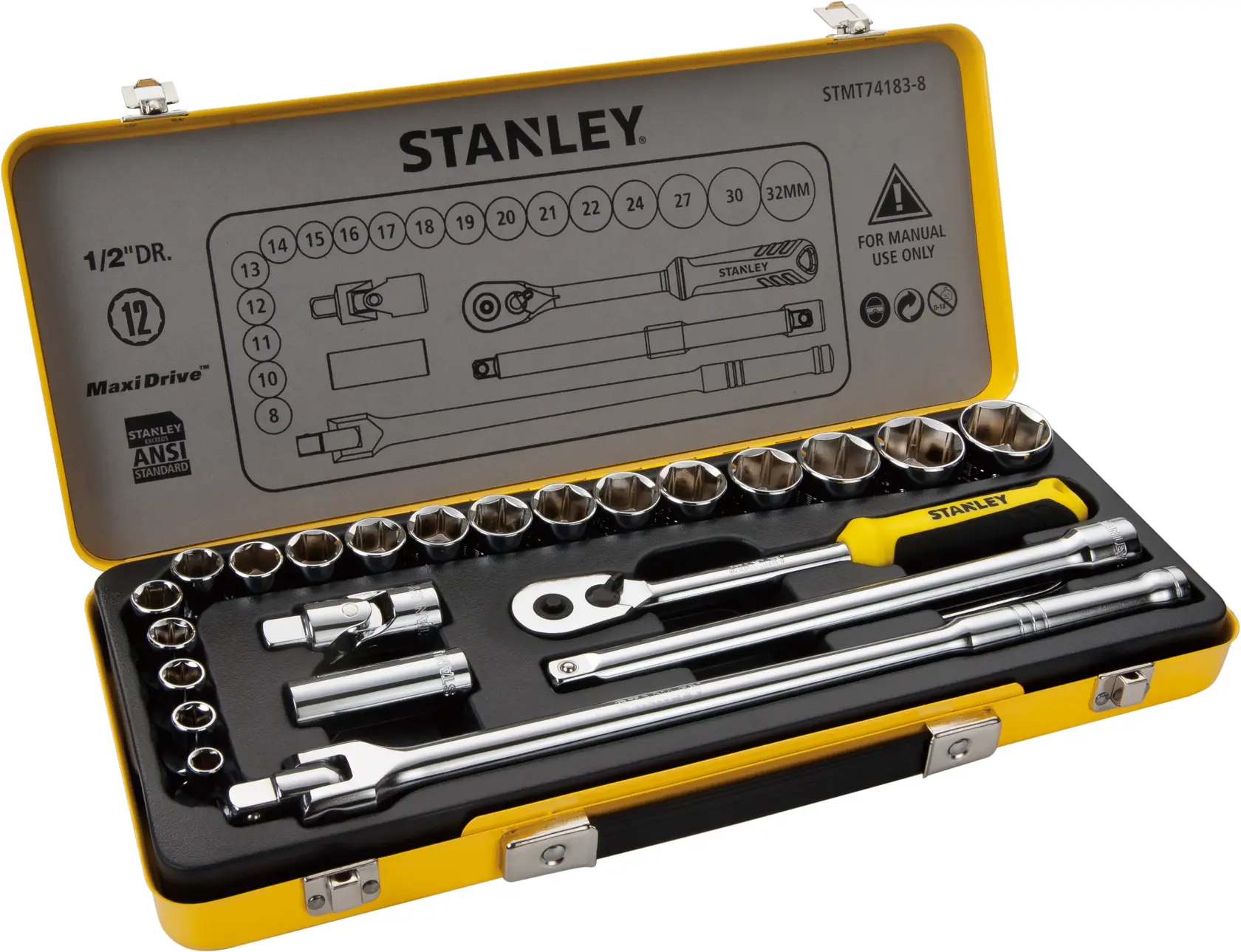 Stanley STMT74184-8 socket wrench set in yellow case, open top view showing sockets and tools.
