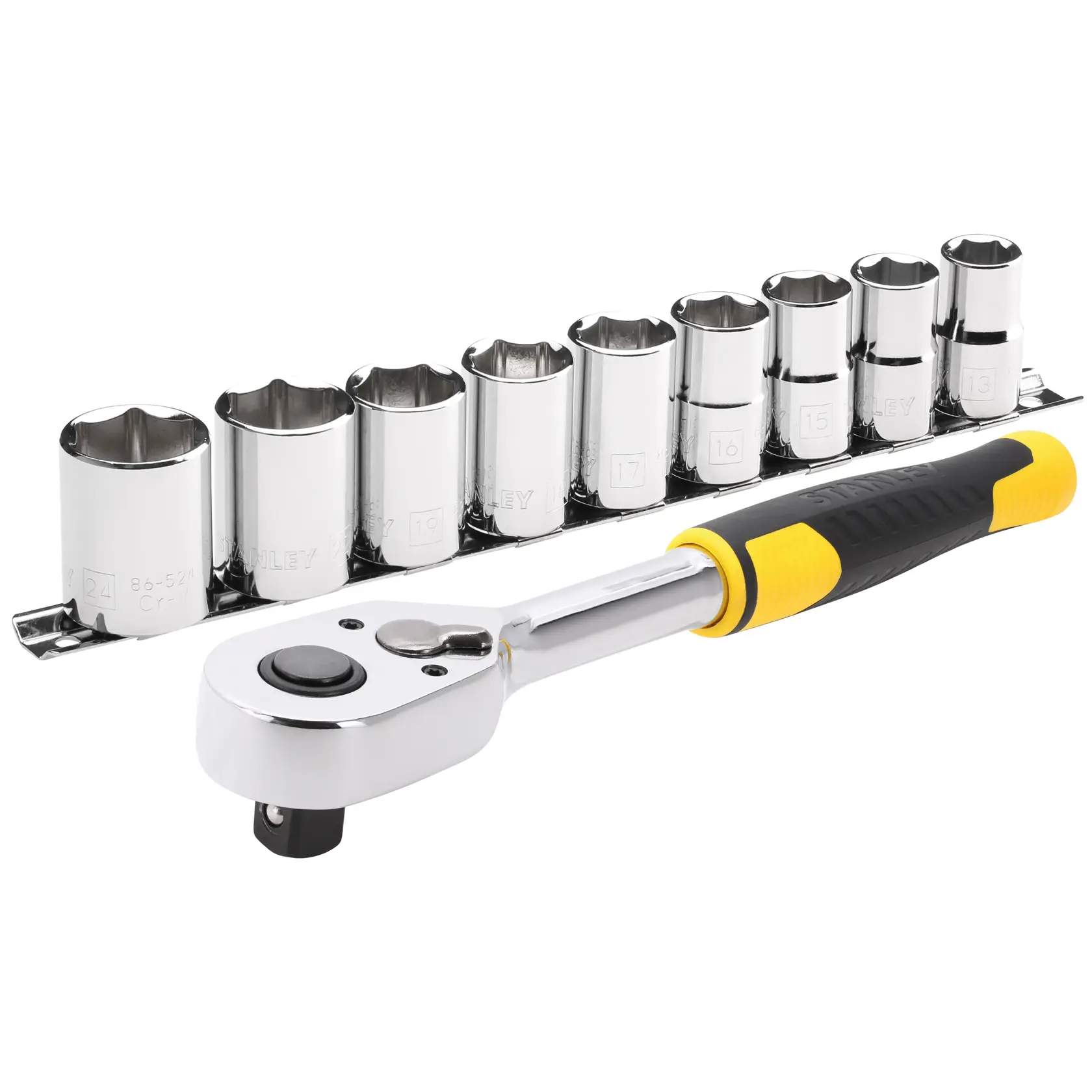 STANLEY STMT82671-0 socket wrench set with nine chrome sockets, black and yellow handle, front angle photo.