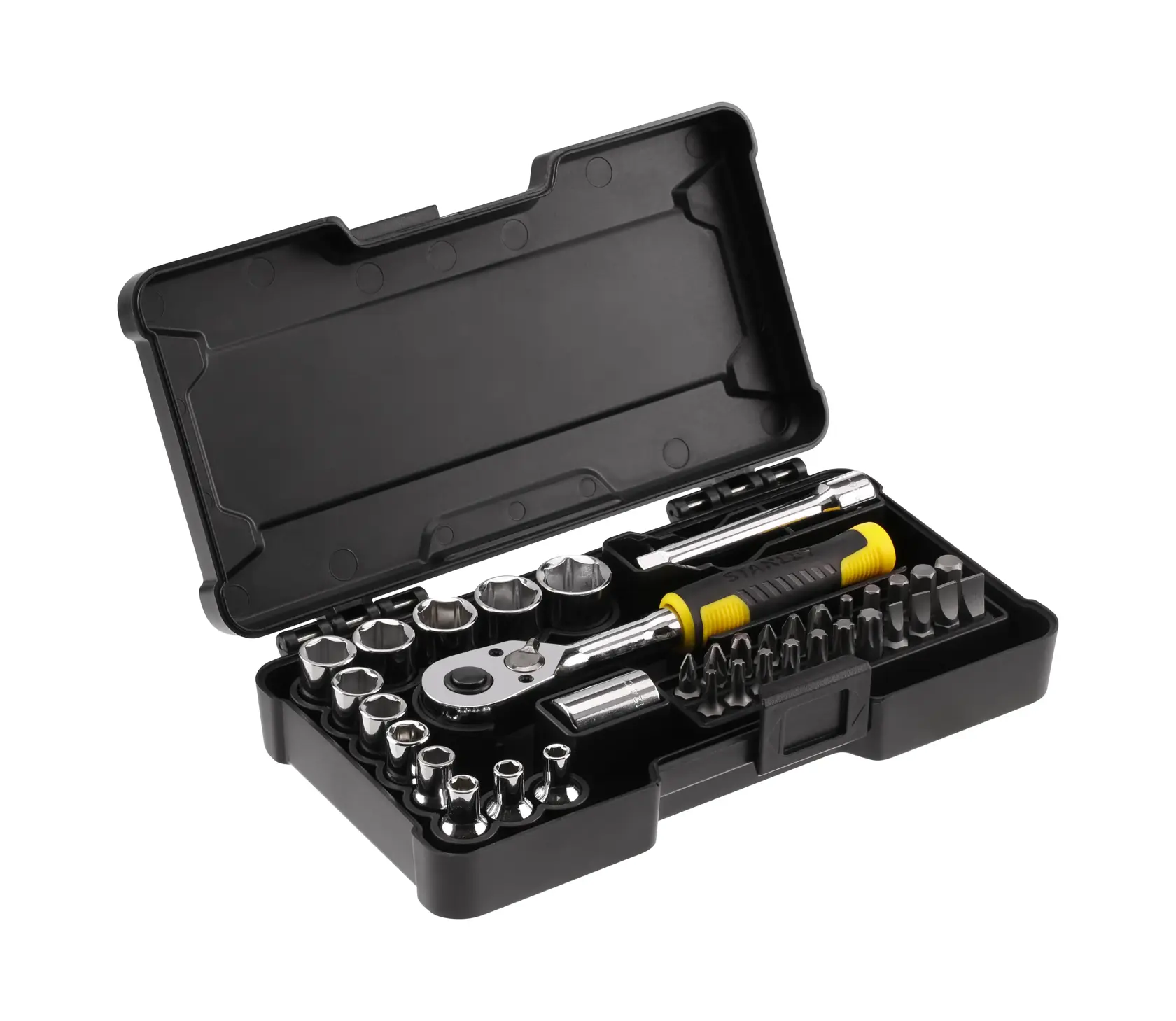 STANLEY STMT82672-0 socket and bit set with ratchet in black case, angled view on white background.