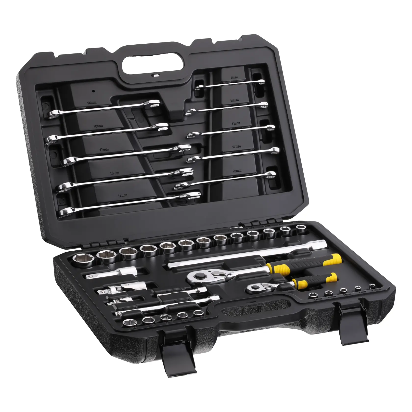STANLEY STMT82832-1 socket and wrench set in black hard plastic case, photo angled from above on white background.