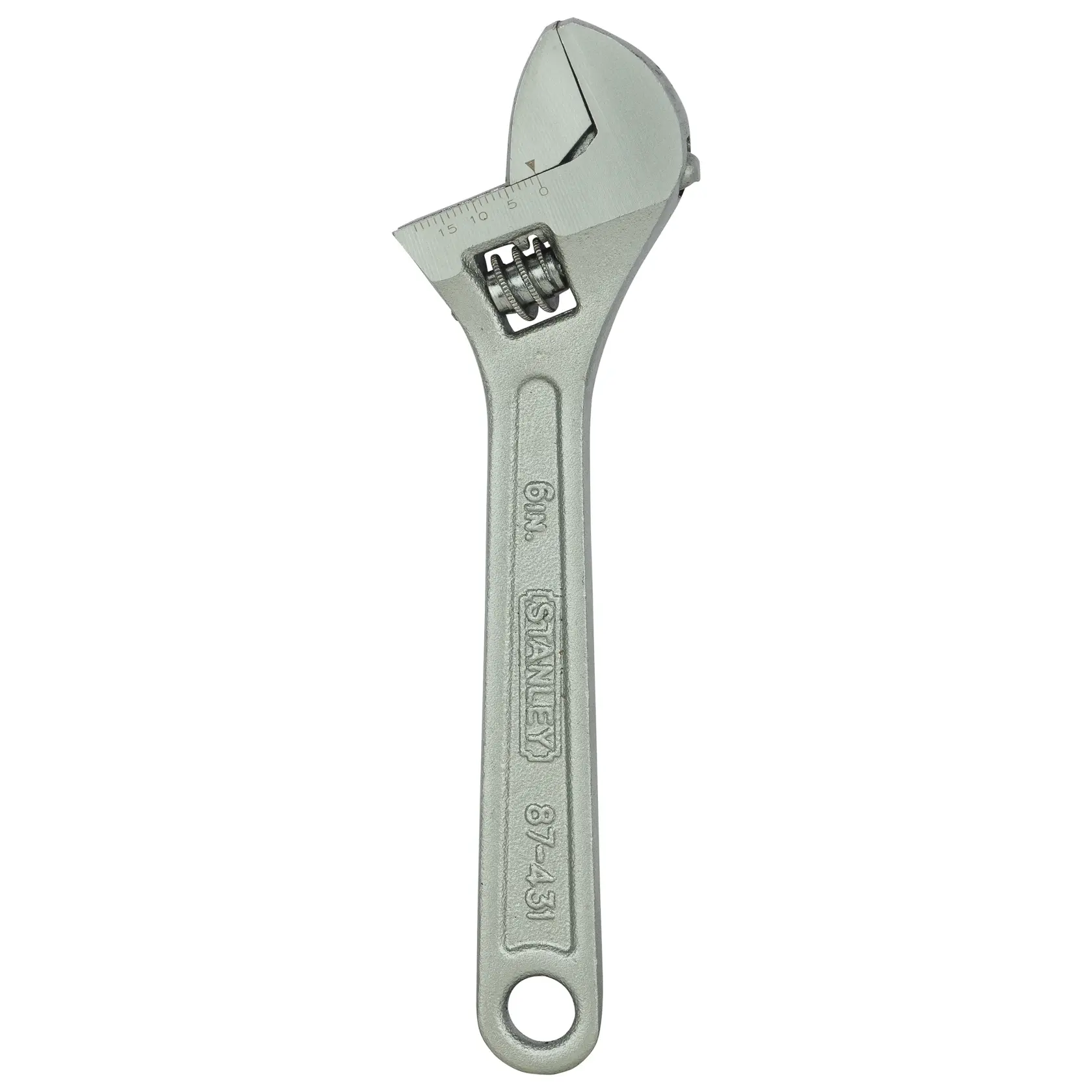 Stanley adjustable wrench, 6-inch size, metal tool with movable jaw for tightening or loosening nuts and bolts.