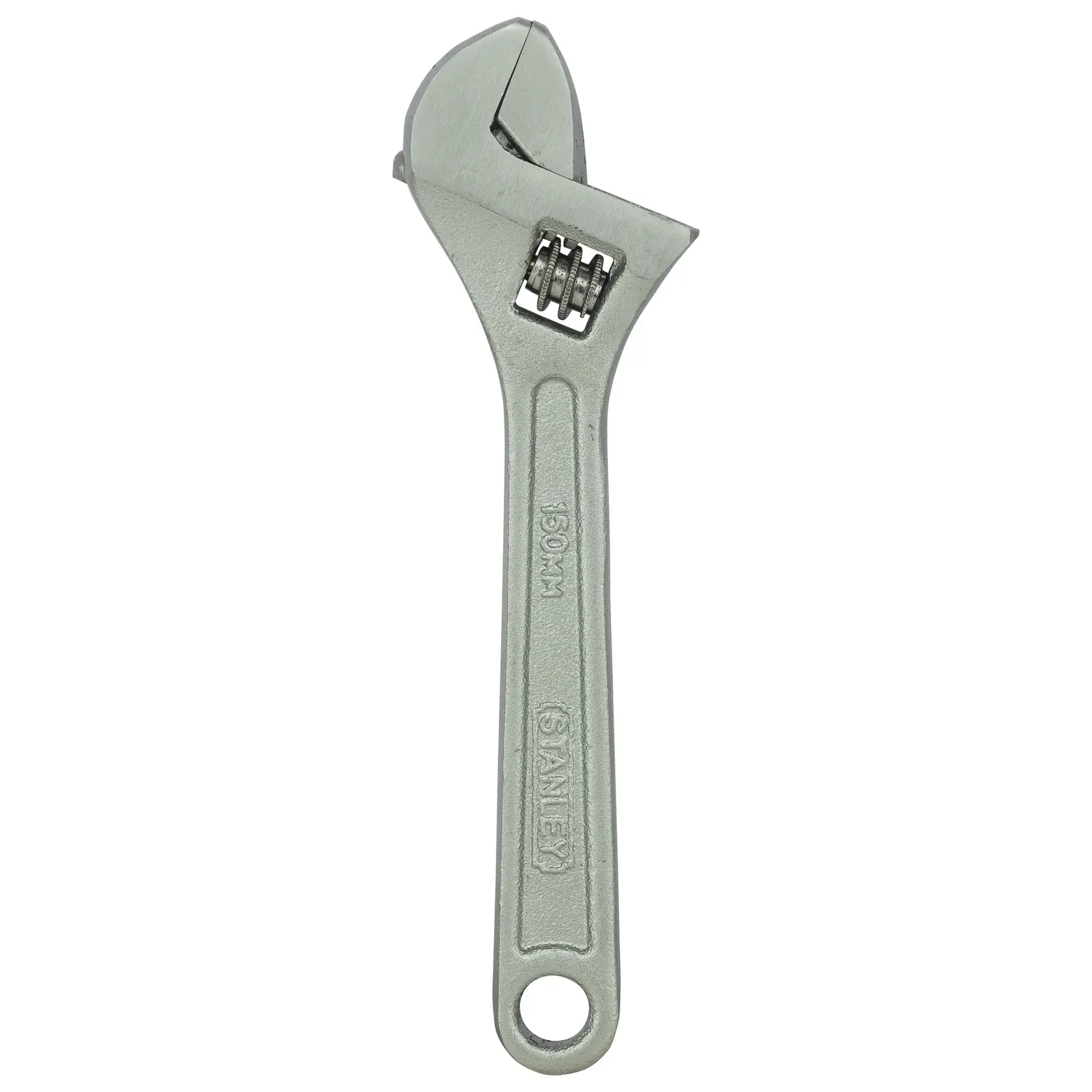 Stanley 150mm adjustable wrench with metal handle and movable jaw for tightening or loosening bolts.
