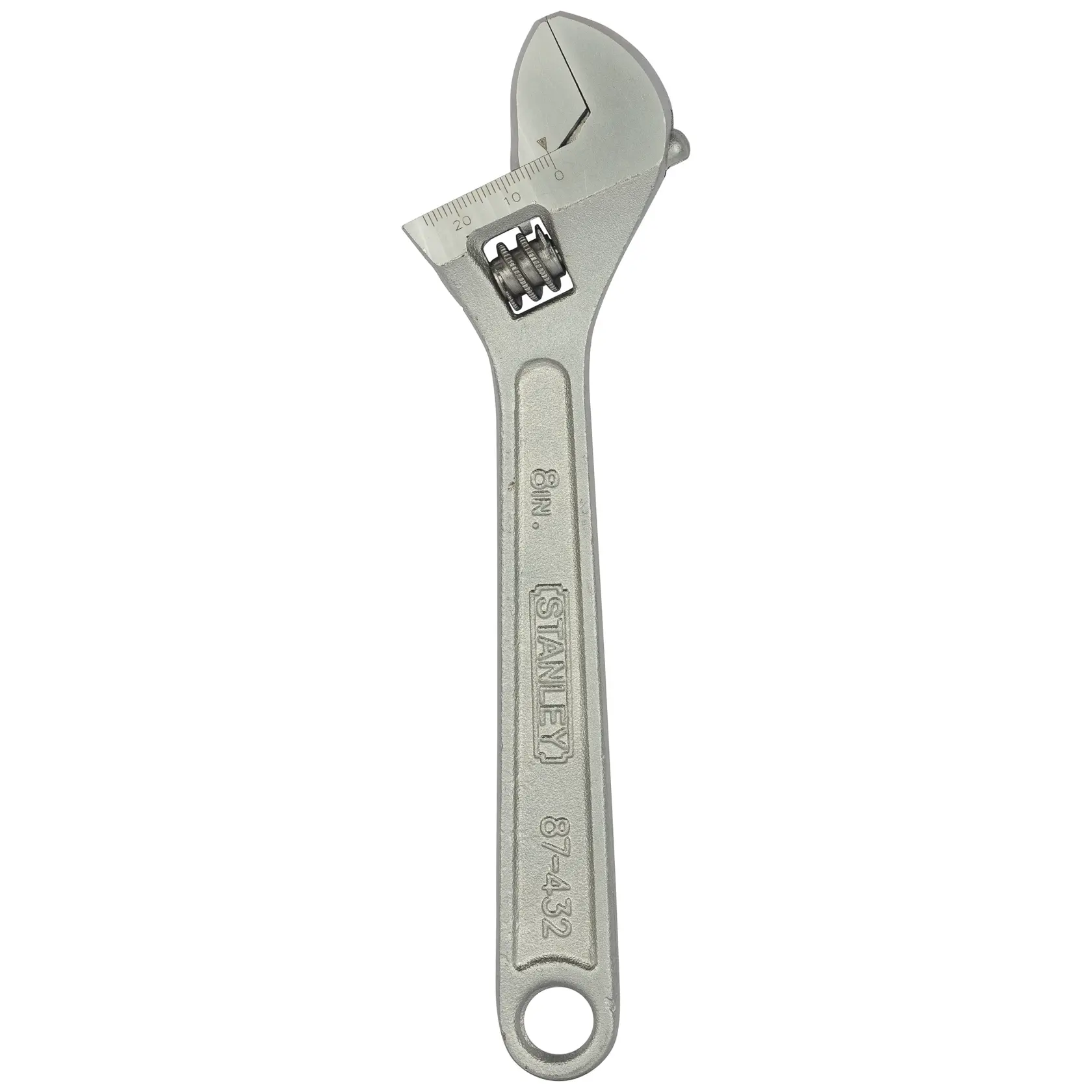 Stanley adjustable wrench made of metal, 8-inch size with engraved measurement scale on the head.