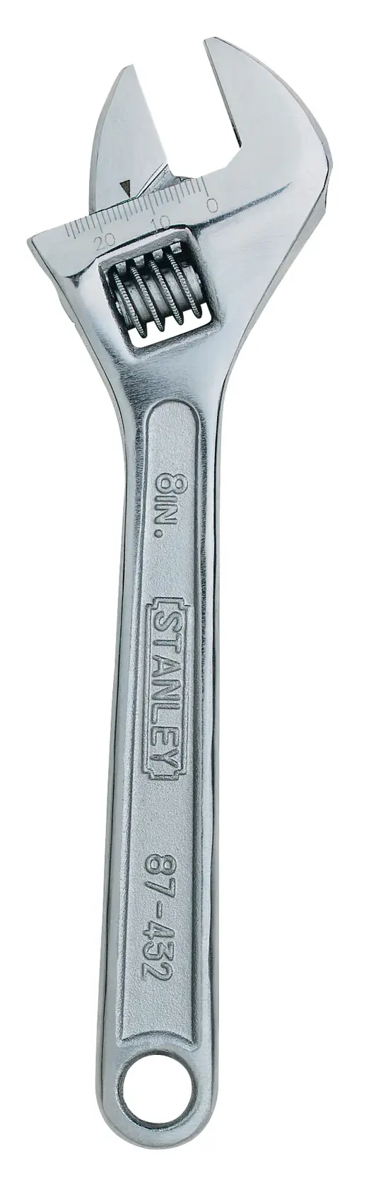 Stanley STMT87432-8 adjustable wrench, silver metal, top view on white background.