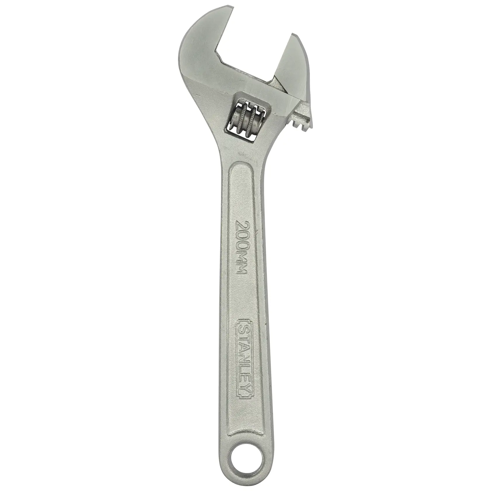 Stanley adjustable wrench, silver color, 200mm size, photographed on white background.