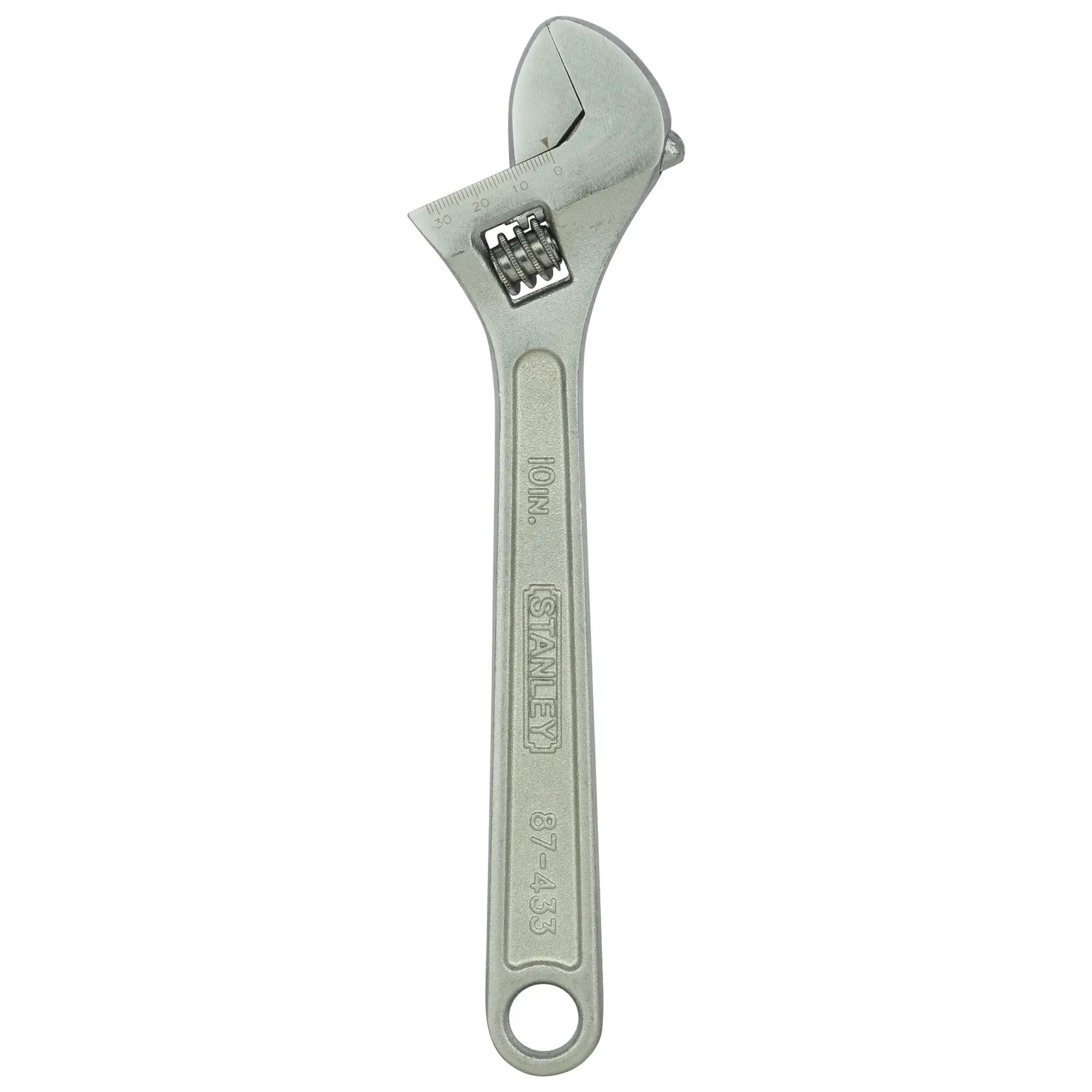 Stanley adjustable wrench, 10-inch, metal tool with scale and open-end jaw.