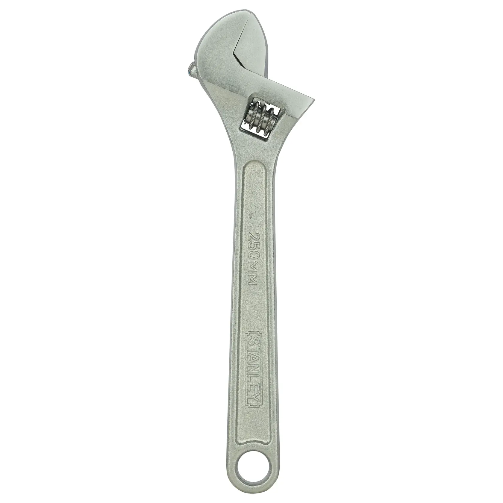 Stanley adjustable wrench, 250mm, metal finish, with an open jaw and hole in handle for hanging.