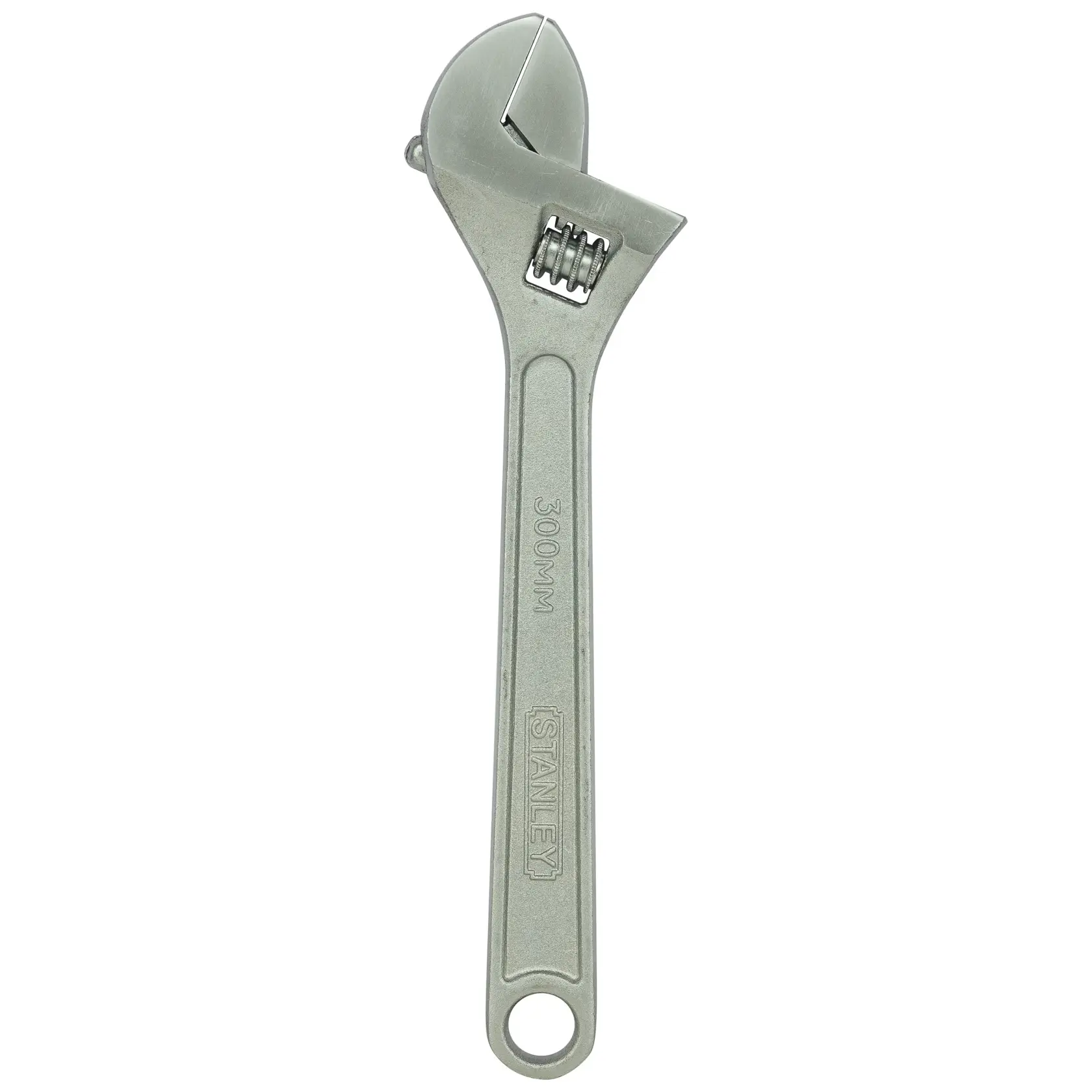 Stanley adjustable wrench, 300mm, silver metal tool with movable jaw for tightening or loosening nuts.