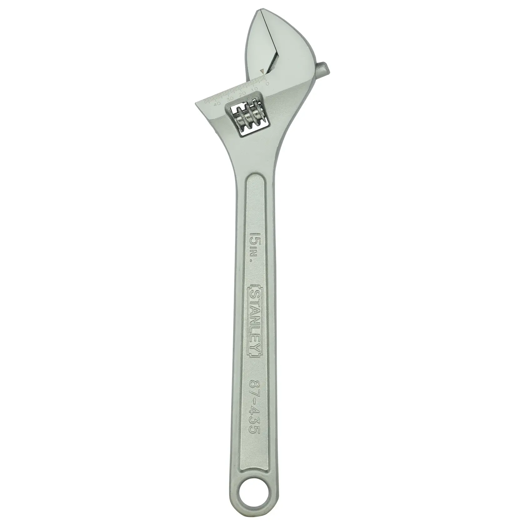 Stanley 15-inch adjustable wrench with metal body and measurement scale on the jaw.