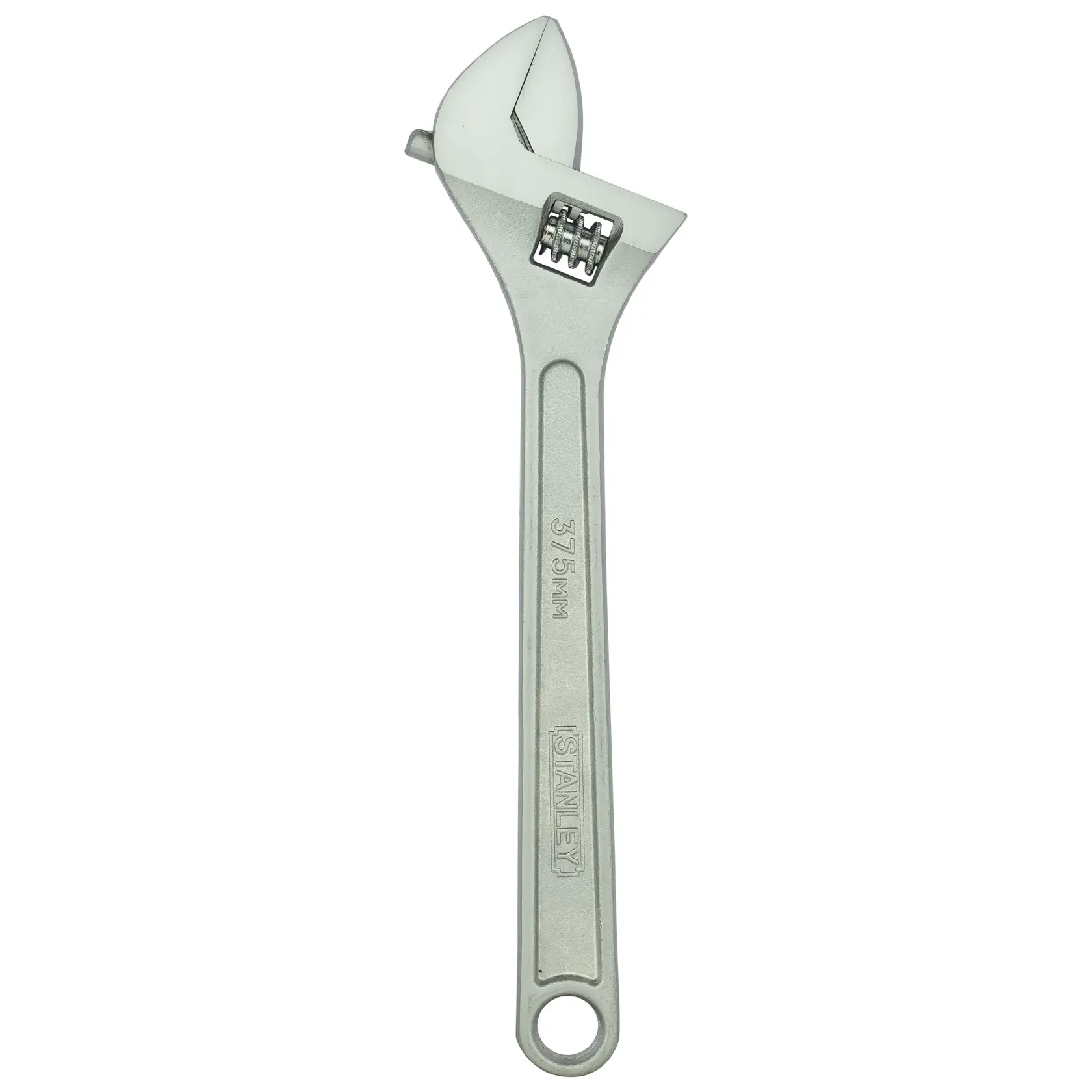 Stanley adjustable wrench, 375mm, silver, with open end and hole in handle.