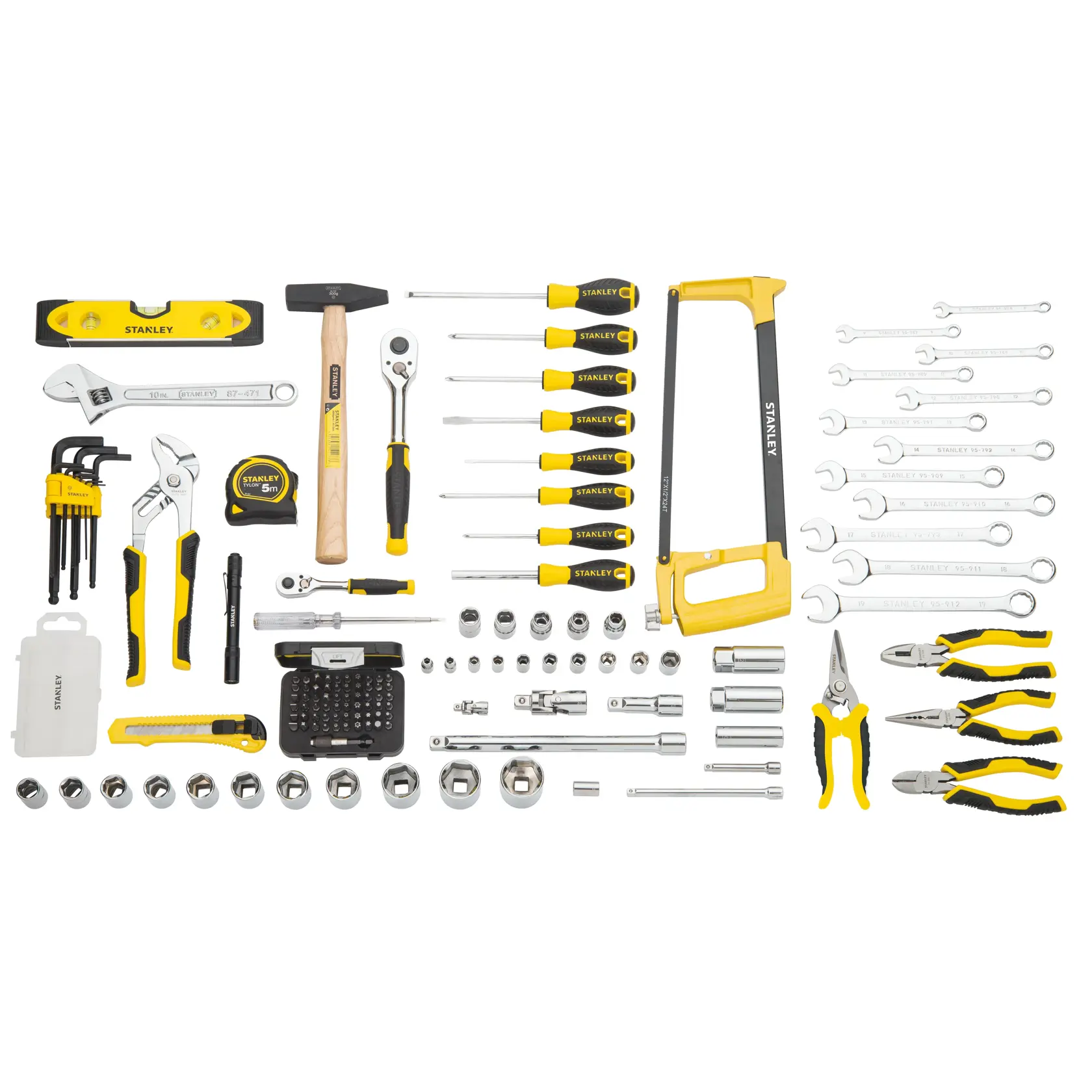 STANLEY STMT98109-1 tool set with assorted hand tools, sockets, screwdrivers, pliers, and accessories on white background.