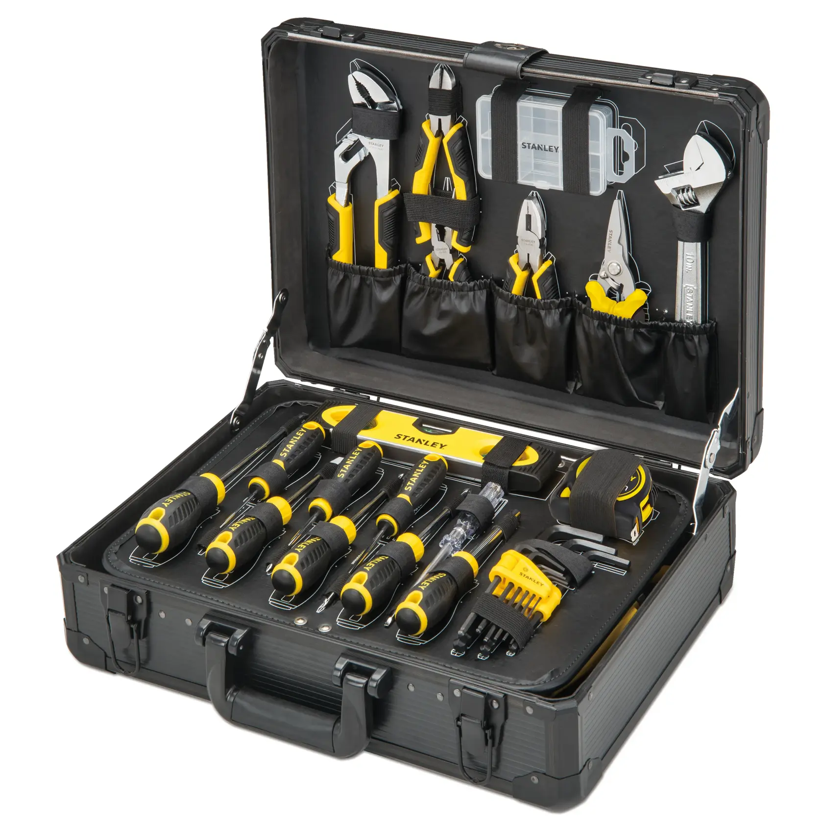 STANLEY STMT98109-1 tool kit case with assorted yellow and black hand tools, front angle.