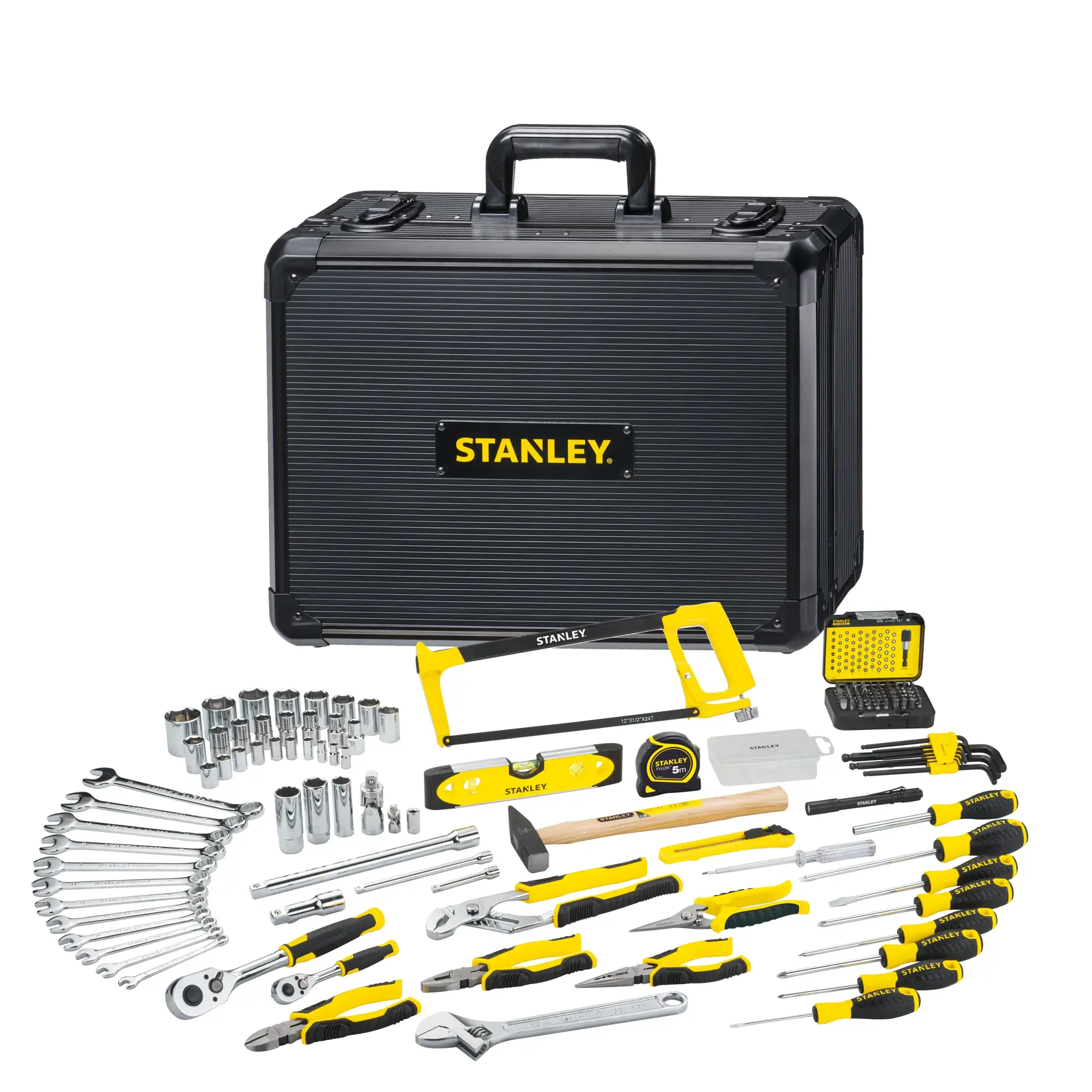 STANLEY STMT98109-1 tool set with black case, wrenches, screwdrivers, sockets and hand tools, front angle.