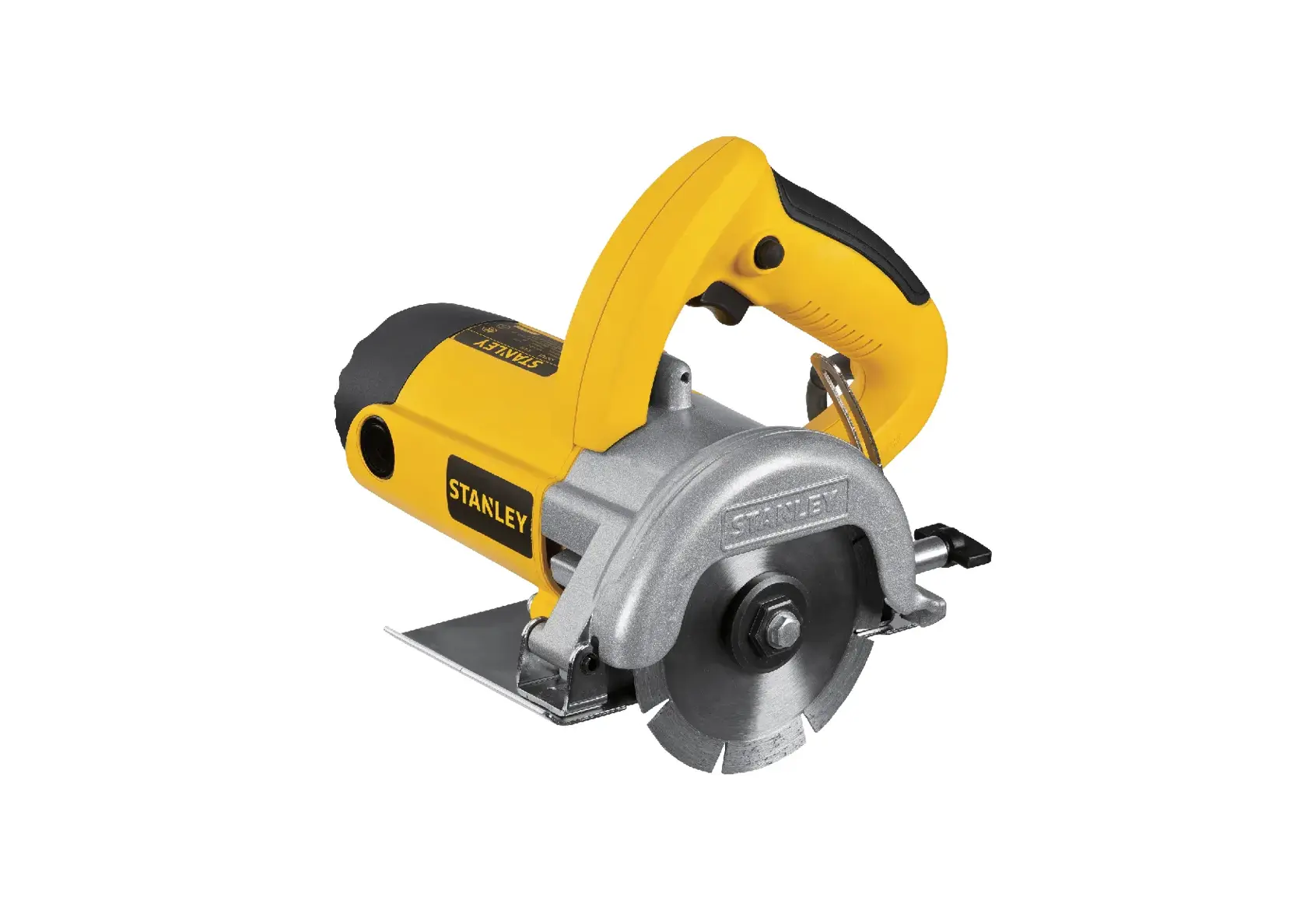 STANLEY STSP125-KR yellow and black circular saw, side angle, with metal blade and ergonomic handle.