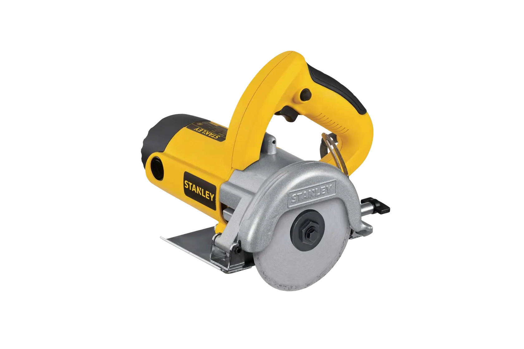 Photo of STANLEY STSP125-KR compact yellow and black circular saw, side angle on white background.
