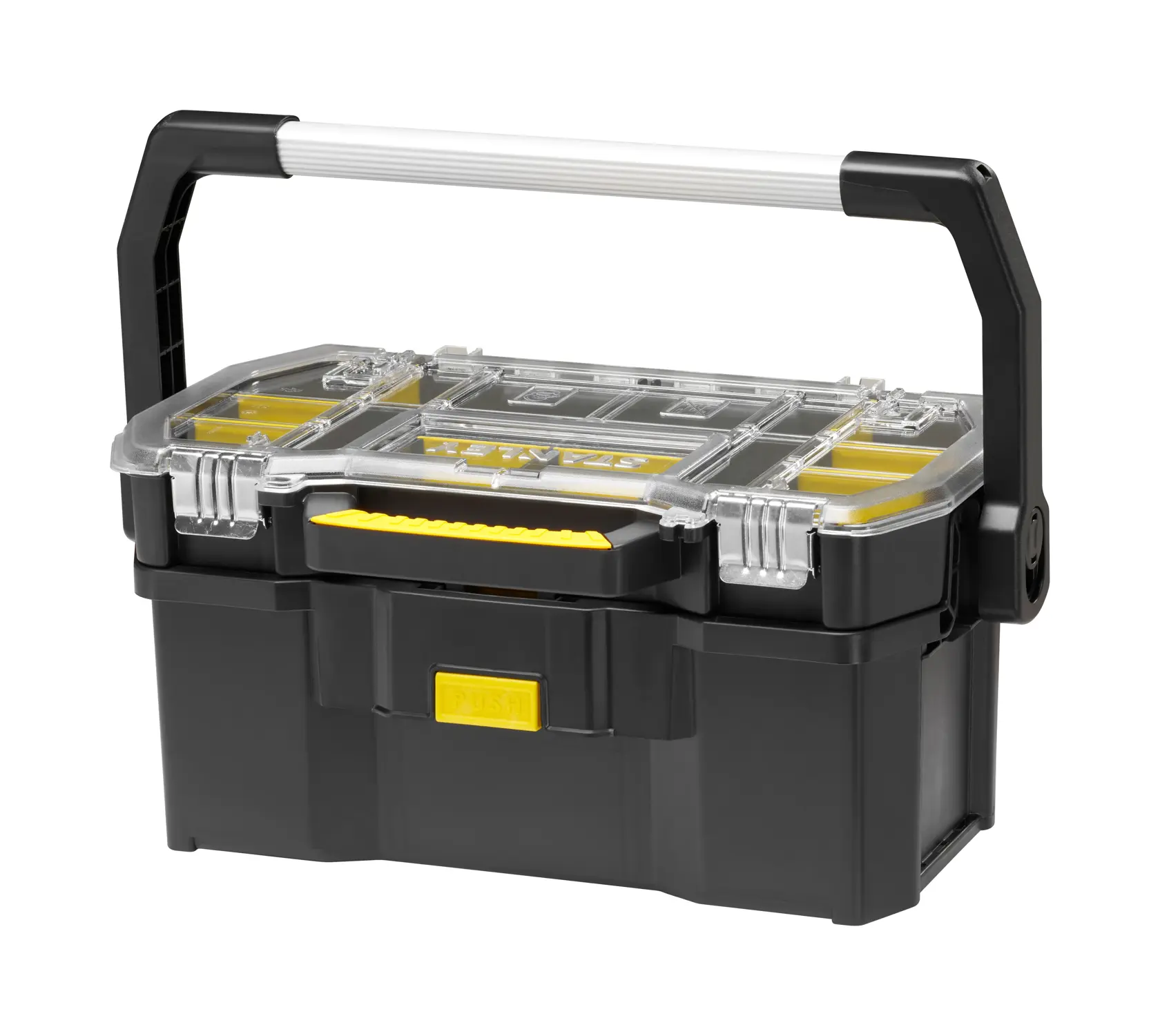 Black Stanley toolbox with clear lid, yellow latches, and sturdy handle for easy carrying and organizing tools.