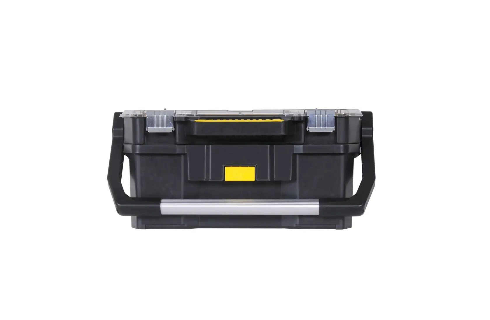 STANLEY STST1-70317 black tool box with clear lid, yellow latch, front view on white background.