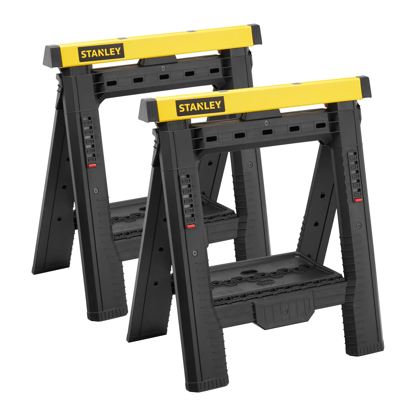 Photo of STANLEY STST1-70559 black and yellow plastic folding sawhorses, front angle, product pair.